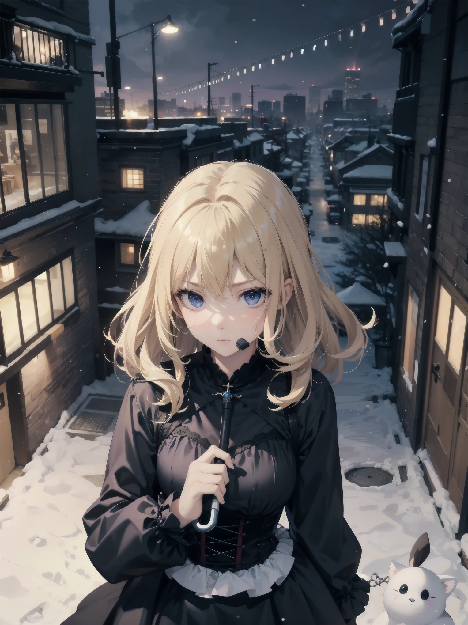 With background: snowy night cityscape。Detailed drawings of buildings and cityscapes using precise three-dimensional thinking。
shape: 20 year old girl。The hairstyle is bob、hair color is blonde、Hair is wavy。
expression and eyes: serious expression、eyes are blue、realistic and complex eyes。
clothing: black and purple gothic clothes。long sleeves and skirt、Corset available。
Pause:holding an umbrella in his left hand。
effect:Focus on the face from above。
style: Ghibli style special elements:I never have