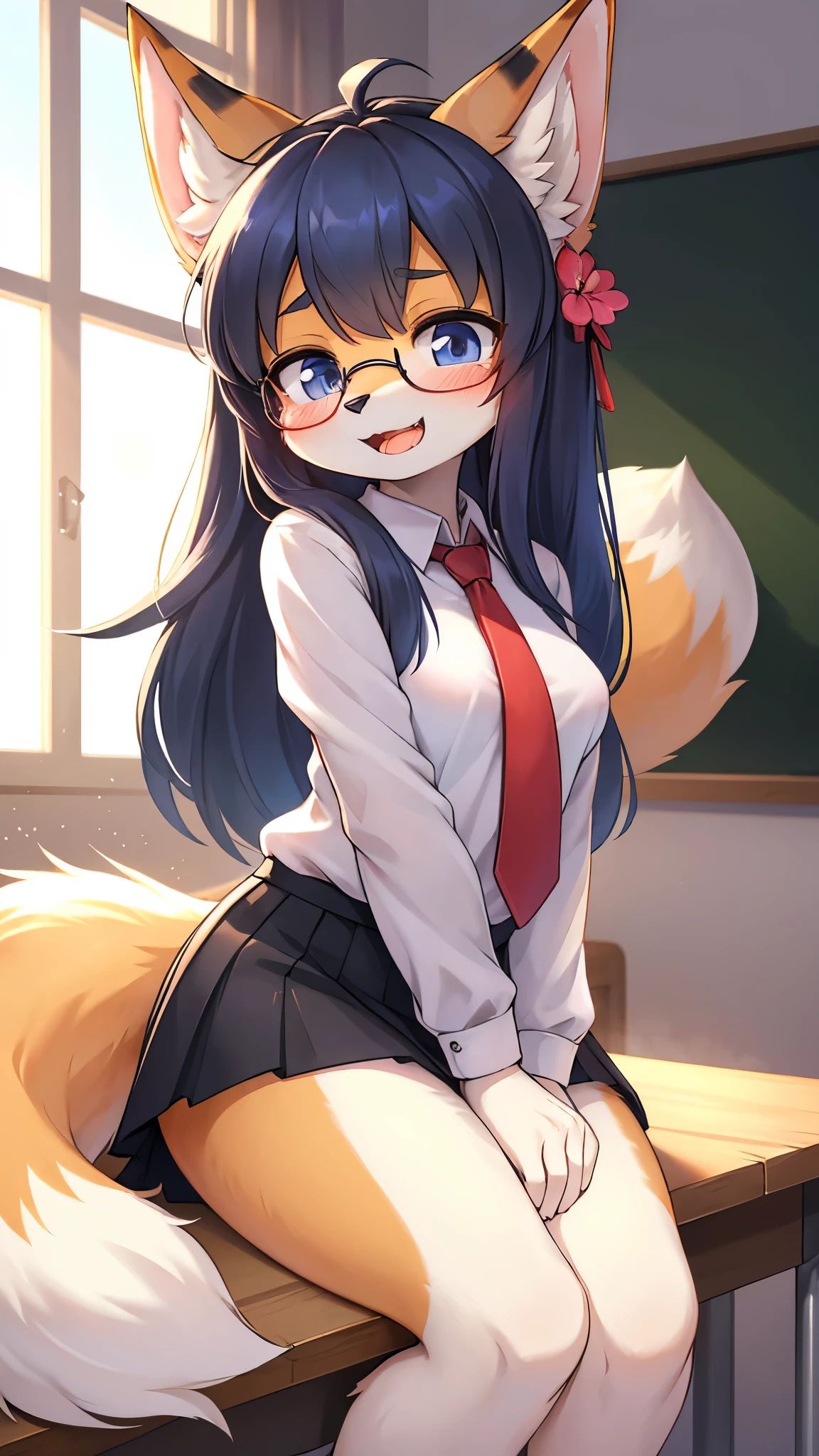 (fluffy anthro furry :1.6),fox girl,blue long hair,wavy hair,messy hair,classroom,light and shadow,white shirt,red necktie,black skirt,white stocking,glasses,flower hairpin,small bell collar,looking at viewer,shy face,open mouth,face steam,smile,hand cover face,full face blush