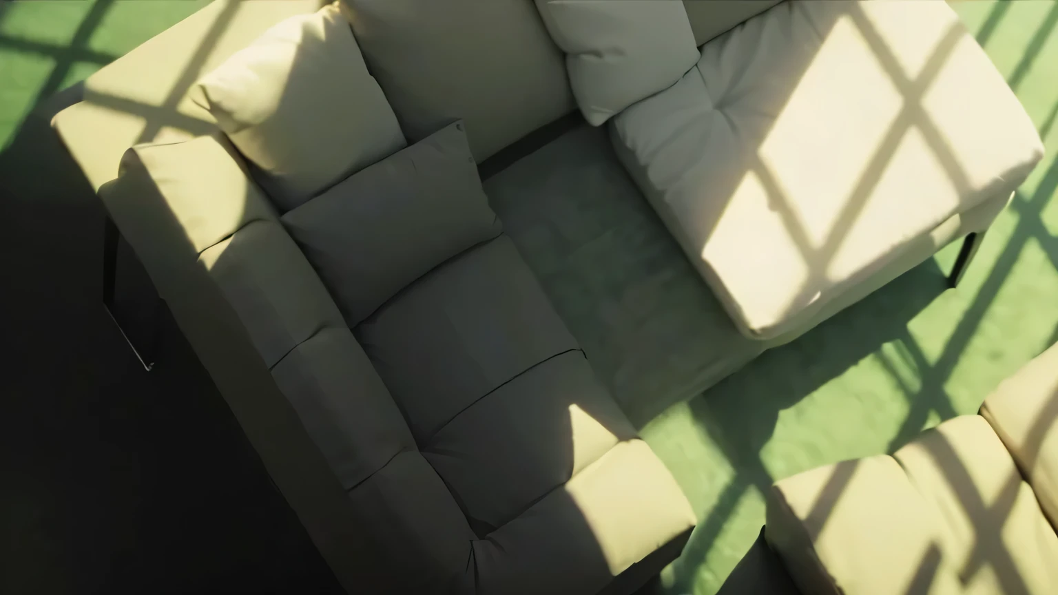 couch with pillow, sofa, table, sunshine, grid of windows
