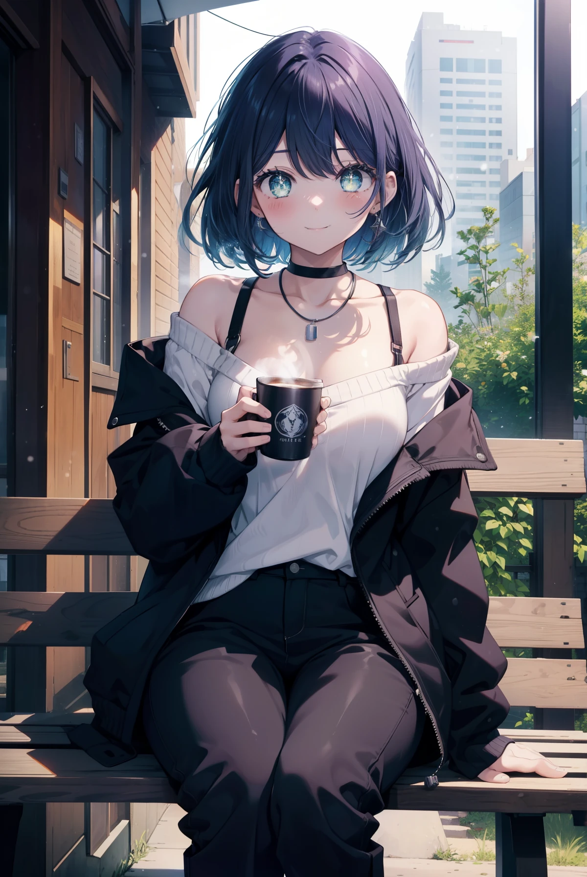 akanekurokawa, Akane Kurokawa, aqua eye, blue hair, medium hair, side lock,blush,smile,mouth open,Black long coat　There is an open front,white off shoulder sweater,bare shoulders,bare clavicle,naked neck,skinny pants,short boots,heart shaped necklace,sitting on the bench,holding a coffee cup in both hands,winter,cold sky,It&#39;s snowing,
break looking at viewer,
break outdoors, garden,
break (masterpiece:1.2), highest quality, High resolution, unity 8k wallpaper, (figure:0.8), (detailed and beautiful eyes:1.6), highly detailed face, perfect lighting, Very detailed CG, (perfect hands, perfect anatomy),