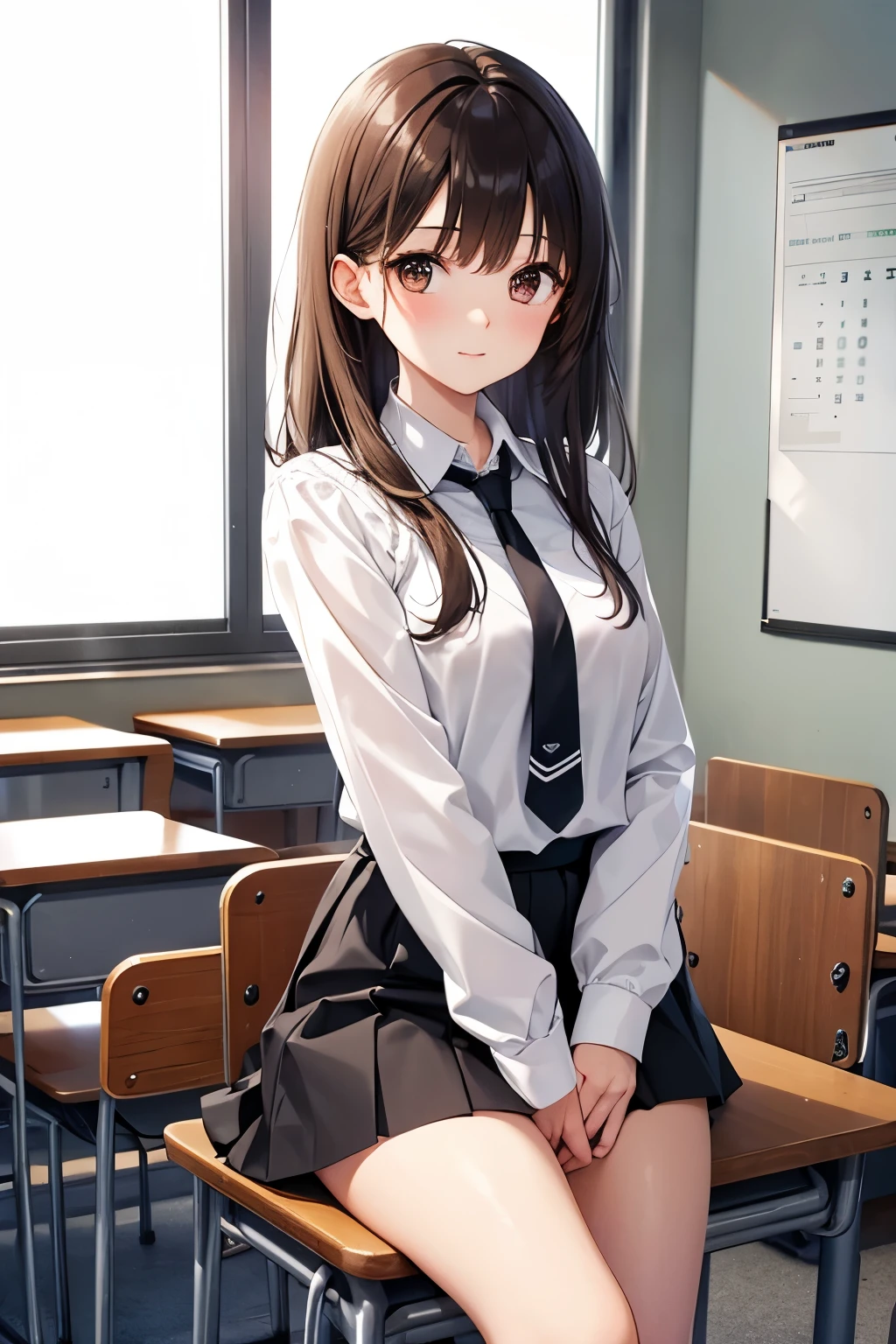 best quality, highres,Slender、brown eyes、tall、brown hair、shortcut,straight hair、School、classroom、black skirt BREAK、white lace long sleeve blouse、22 years old、gray tie