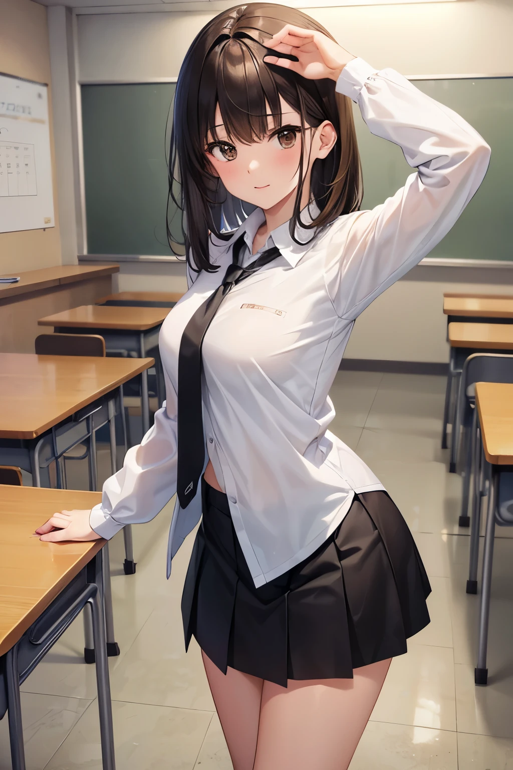 best quality, highres,Slender、brown eyes、tall、brown hair、shortcut,straight hair、School、classroom、black skirt BREAK、white lace long sleeve blouse、22 years old、gray tie
