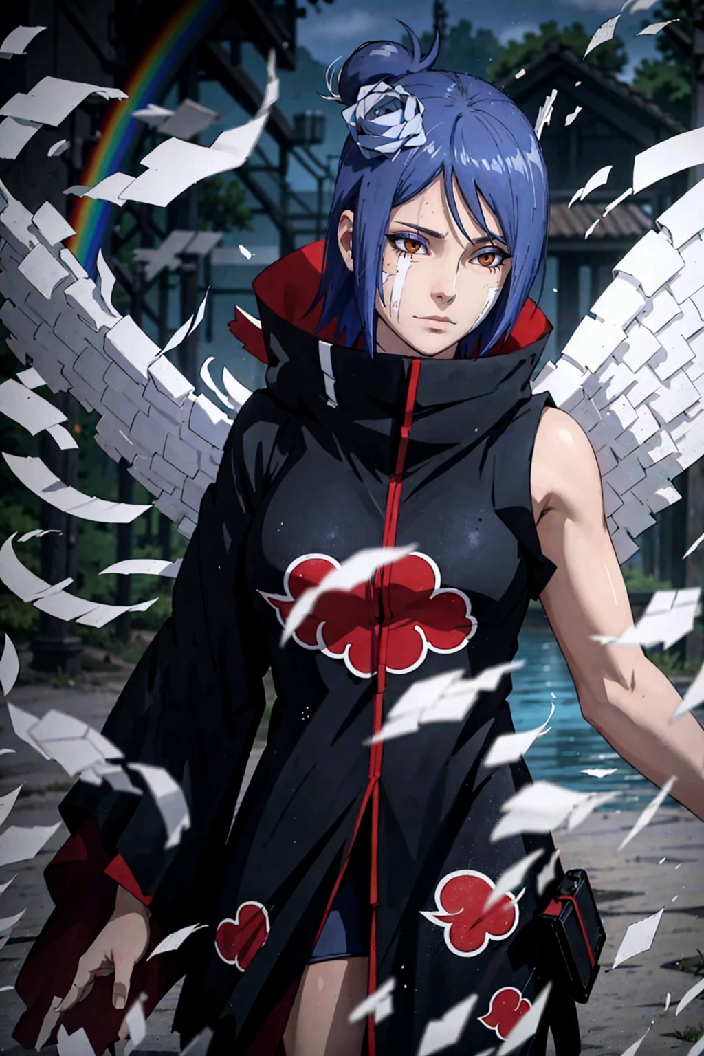 absurdres, (best quality), (masterpiece),(ultra-detailed:1.2),(photorealistic:1.1),(highres),
1girl,(injury:1.1),(blood:1.1),
konan \(naruto\), (akatsuki outfit:1.1), labret piercing, (paper:1.2),
ripples,swirling ,rainbow, angel wings made of paper