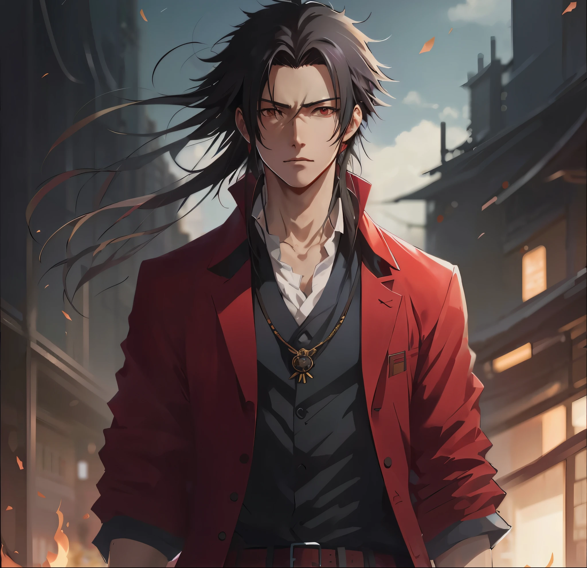 anime character with long hair and red jacket in front of a building, Homem bonito de anime, tsurumaki kazuya, handsome guy in demon slayer art, Retrato de anime de um homem bonito, Taisho Roman, inspirado em Yamagata Hiro, badass anime 8 k, personagem de anime masculino, shigenori soejima illustration, bela pose de anime