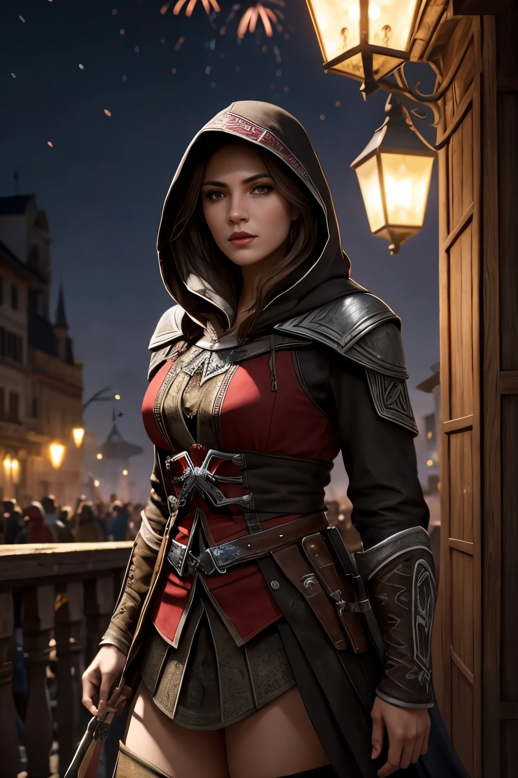 La mujer, Стиль Assassin's Creed, ropa corta, poca ropa, botas hasta la rodilla, Pulseras en las piernas, Ciudad medieval al fondo, de noche, night,  at nighRenacimiento, muy detallado, Realistic long-term photography., 4k, pelo largo, brown hair, By the chestnut, labios rojos, Chica con traje de Assassin&#39;s Creed Altair con capucha, Assassin symbol&#39;s Creed en la cintura, sexy,red lips, brown eyes, big breasts, pechos grandes, breasts, fuegos artificiales, fireworks, eye mask, mascara en los ojos, hood, capucha, mascara de carnaval