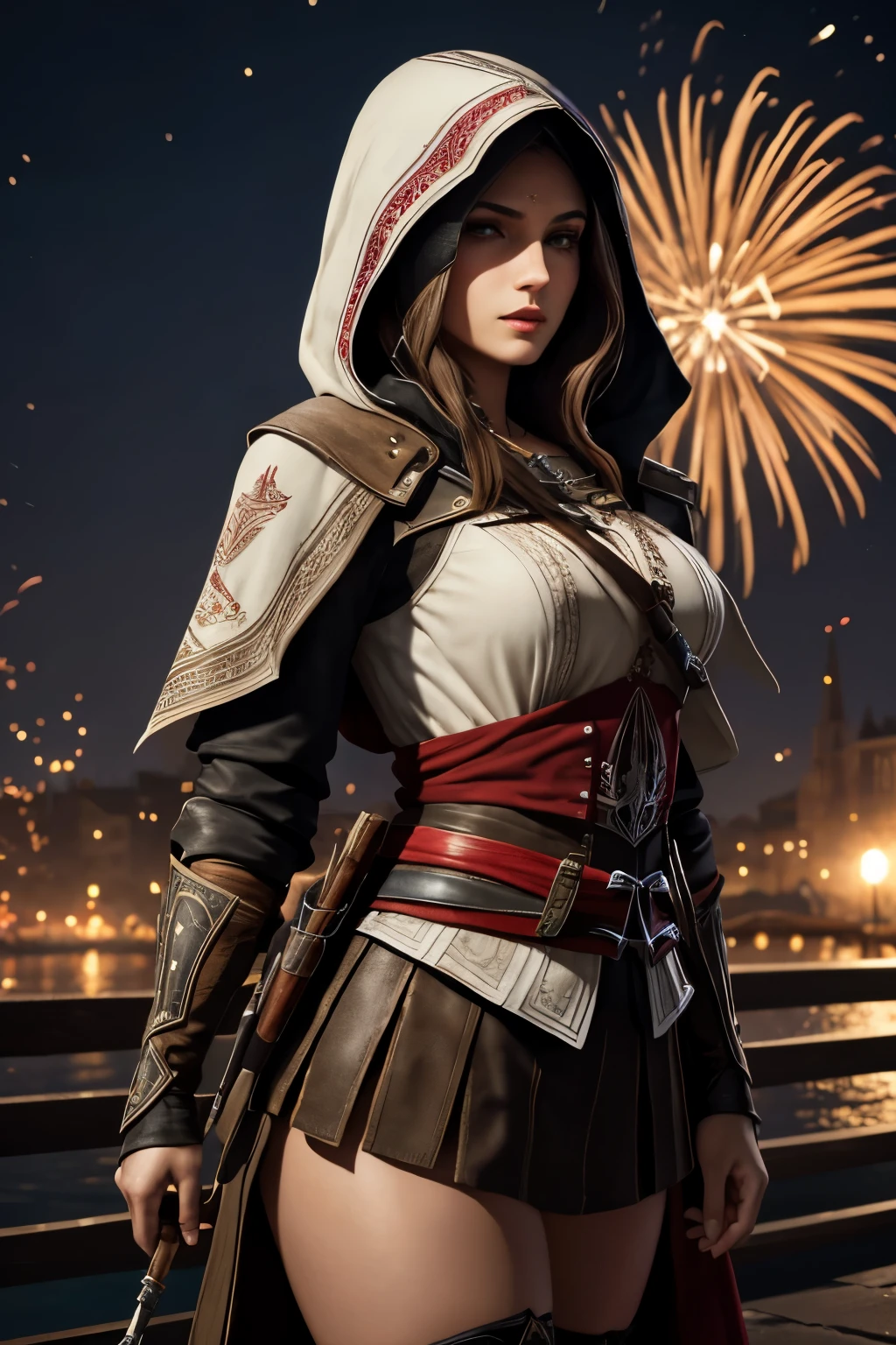 La mujer, Стиль Assassin's Creed, ropa corta, poca ropa, botas hasta la rodilla, Pulseras en las piernas, Ciudad medieval al fondo, de noche, night,  at nighRenacimiento, muy detallado, Realistic long-term photography., 4k, pelo largo, brown hair, By the chestnut, labios rojos, Chica con traje de Assassin&#39;s Creed Altair con capucha, Assassin symbol&#39;s Creed en la cintura, sexy,red lips, brown eyes, big breasts, pechos grandes, breasts, fuegos artificiales, fireworks, eye mask, mascara en los ojos, hood, capucha, mascara de carnaval