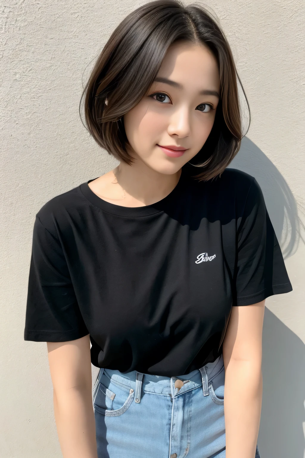 masterpiece、一人のBeautiful woman、detailed face、cute、fine eyes、fine skin、I wear a black T-shirt, highest quality、Japanese、常に真frontageを向く、background white,、I am 28 years old、I&#39;Iは黒無地の半袖Tシャツを着ています、shy smile、shortcut、brown fluffy hair、soft light, Beautiful woman、bright look、(Are standing)、frontage、small breasts、(Keep your upper body facing straight ahead.......) , Wearing a long plaid skirt , full body shot,So that the whole body is reflected, background white, bob hair.,keep your chest straight ahead、black t-shirt、I&#39;Iは黒無地の半袖Tシャツを着ています、The background is a white wall, black t-shirtを着ています、I wear a black T-shirt,