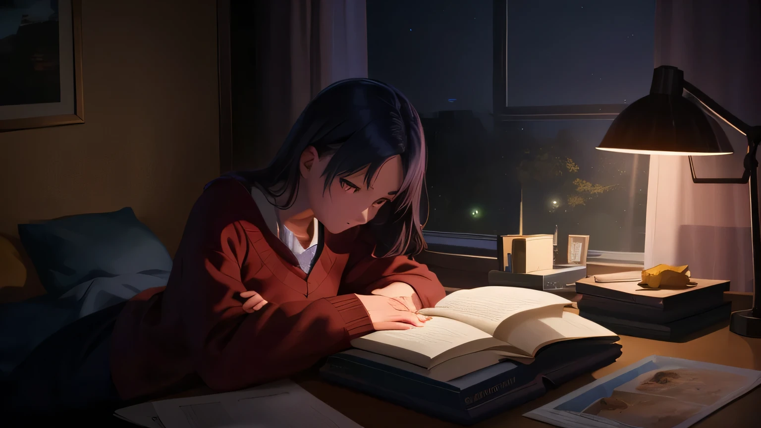 There is a girl reading a book in the dark through the window.., realistic paintings of beautiful things, book portrait, Create an illustration, Ati Gaylan 8 K, i read the book, Night Learning, study, realistic illustration, Non-style art by guweiz, director: Ati Gaylan, draw cute pictures digitally, by ヤン・J, 部屋でstudy