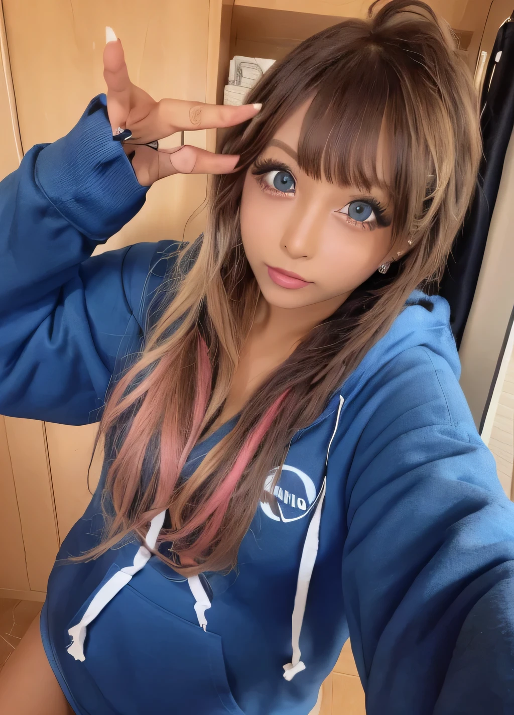 Y2K 2000’s Gyaru make up, (doe eyes turnt down) (big blue eyes) (dark skin Japanese) pink hoodie