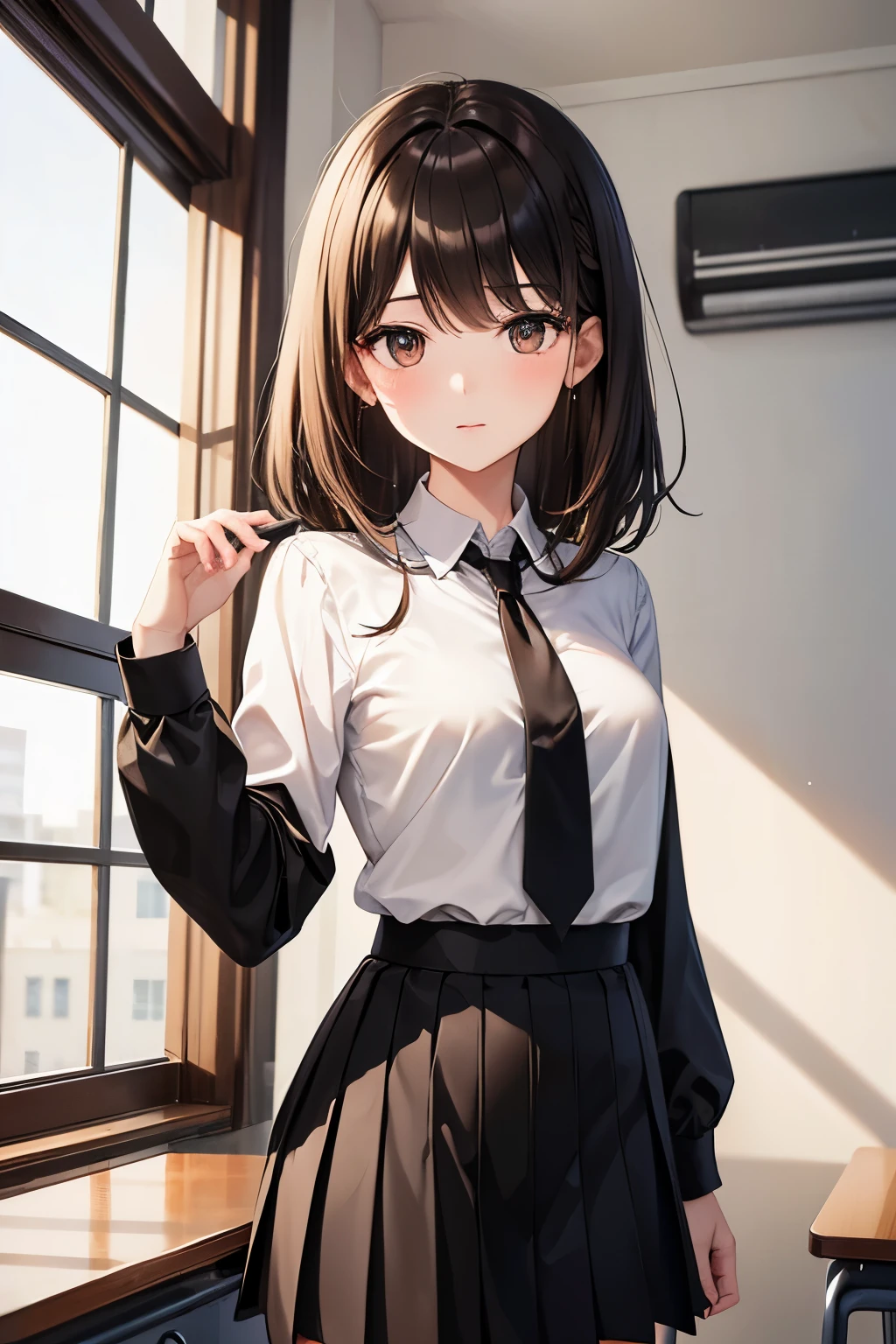 best quality, highres,Slender、brown eyes、tall、brown hair、shortcut,straight hair、School、classroom、black skirt、black lace long sleeve blouse、22 years old、gray tie
