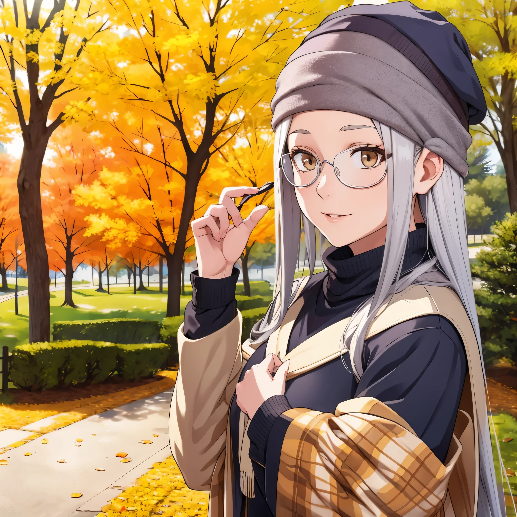 a woman in casual clothes, wearing a winter cap, silver hair brown eyes, wearing glasses in a park in autumn weather
