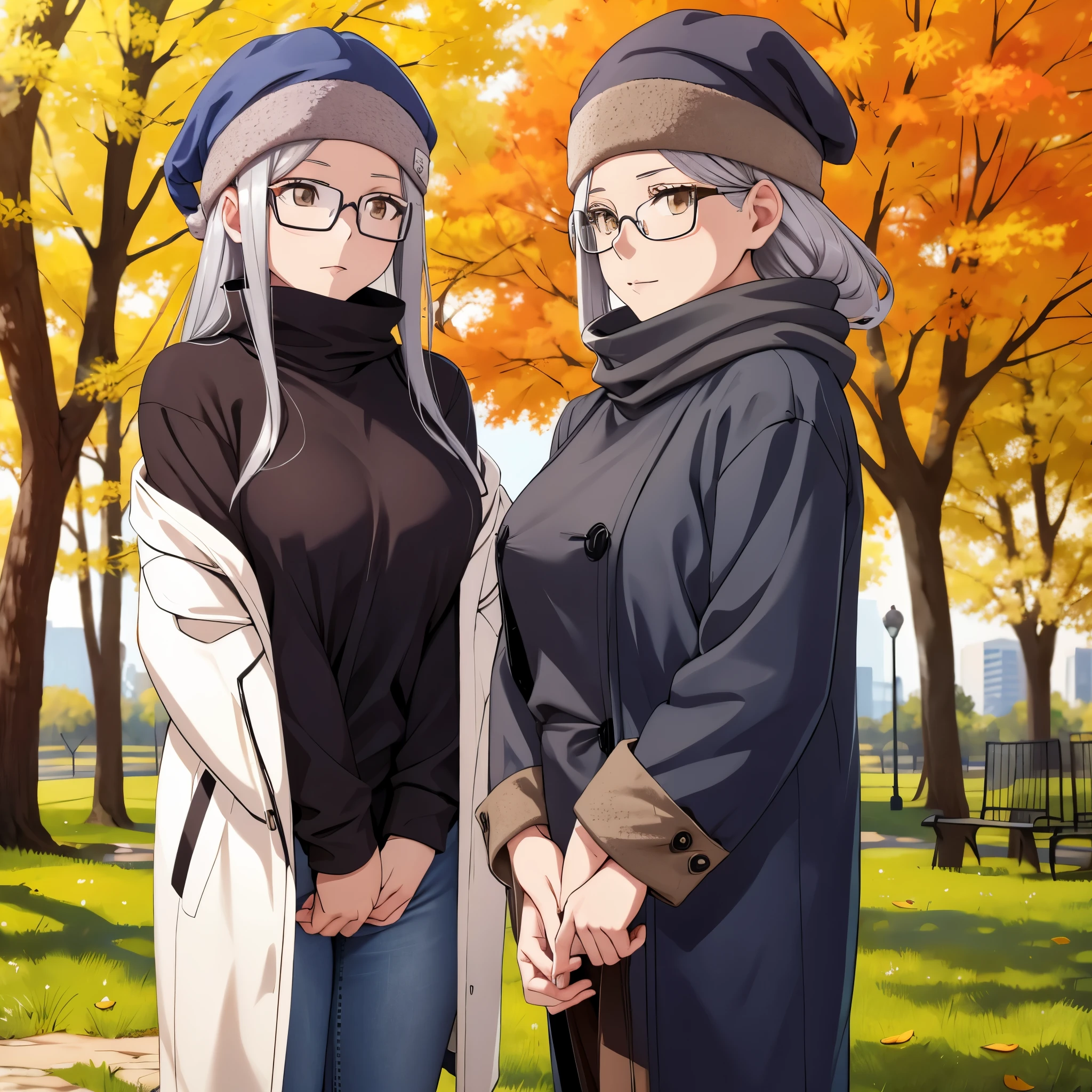 a woman in casual clothes, wearing a winter cap, silver hair brown eyes, wearing glasses in a park in autumn weather
