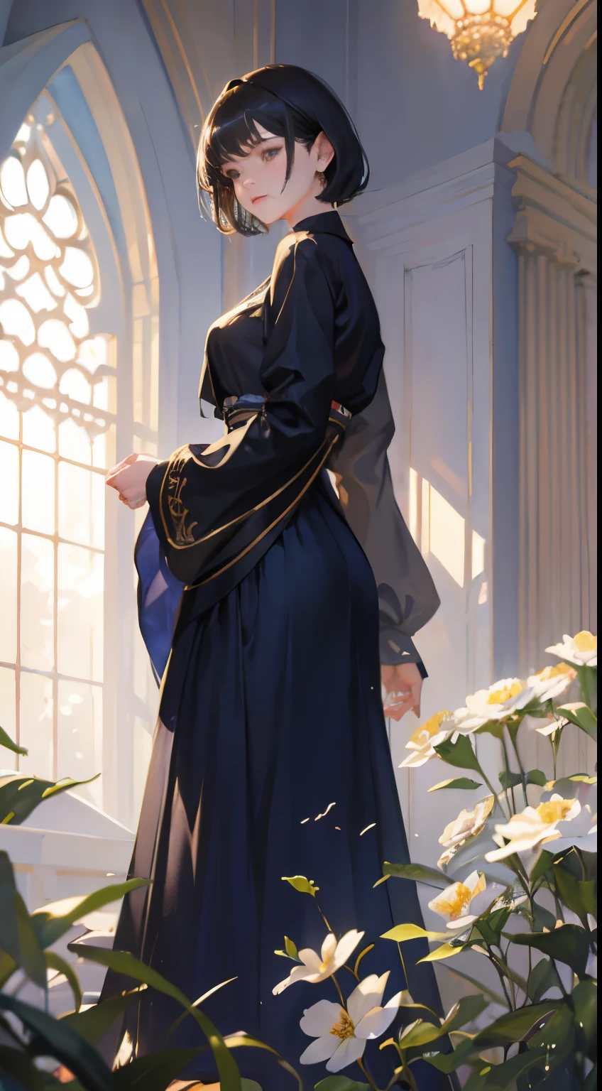 (Sargent style watercolor)、(highest quality、masterpiece)、woman portrait, beautiful adult woman,,alone,enchanting elegance, with short hair,wears long flowing clothes,Clothes with atmosphere, flowerと一緒に, atmospheric depth, amazing technique, naturalistic expression, harmonious composition, creative sophistication, striking juxtaposition,University,indoor,garden, flower, peaceful,