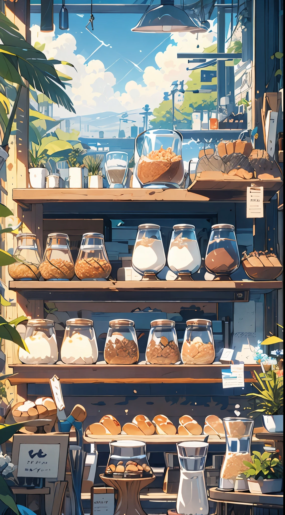 (masterpiece:1.2), best quality,PIXIV,cozy animation scenes,
scenery, no humans, sky, plant, window, food, cloud, day, cup, shelf, tree, jar, table, bottle, sunlight, blue sky, indoors, potted plant, bread, plate, chair, shop, electric fan, 
 