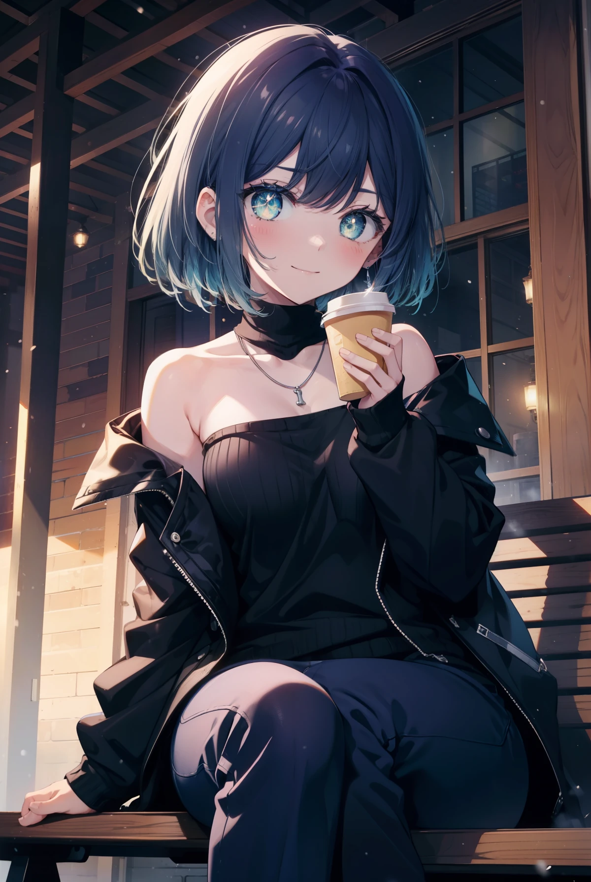 akanekurokawa, Akane Kurokawa, aqua eye, blue hair, medium hair, side lock,blush,smile,mouth open,Black long coat　There is an open front,white off shoulder sweater,bare shoulders,bare clavicle,naked neck,skinny pants,short boots,heart shaped necklace,sitting on the bench,holding a paper cup of coffee in both hands,winter,cold sky,It&#39;s snowing,
break looking at viewer,
break outdoors, garden,
break (masterpiece:1.2), highest quality, High resolution, unity 8k wallpaper, (figure:0.8), (detailed and beautiful eyes:1.6), highly detailed face, perfect lighting, Very detailed CG, (perfect hands, perfect anatomy),