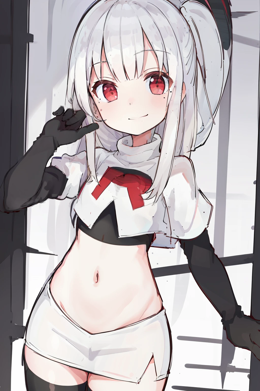 komori,masterpiece,best quality,white hair, red eyes,(black formal hat),(hairclip),(small mole under mouth),smile,highres,4k,team rocket,team rocket uniform,white skirt,red letter R,crop top,black thigh-highs,black elbow gloves