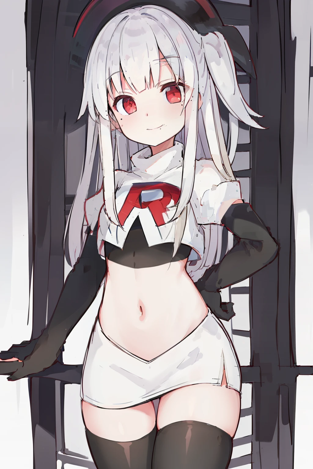 komori,masterpiece,best quality,white hair, red eyes,(black formal hat),(hairclip),(small mole under mouth),smile,highres,4k,team rocket,team rocket uniform,white skirt,red letter R,crop top,black thigh-highs,black elbow gloves