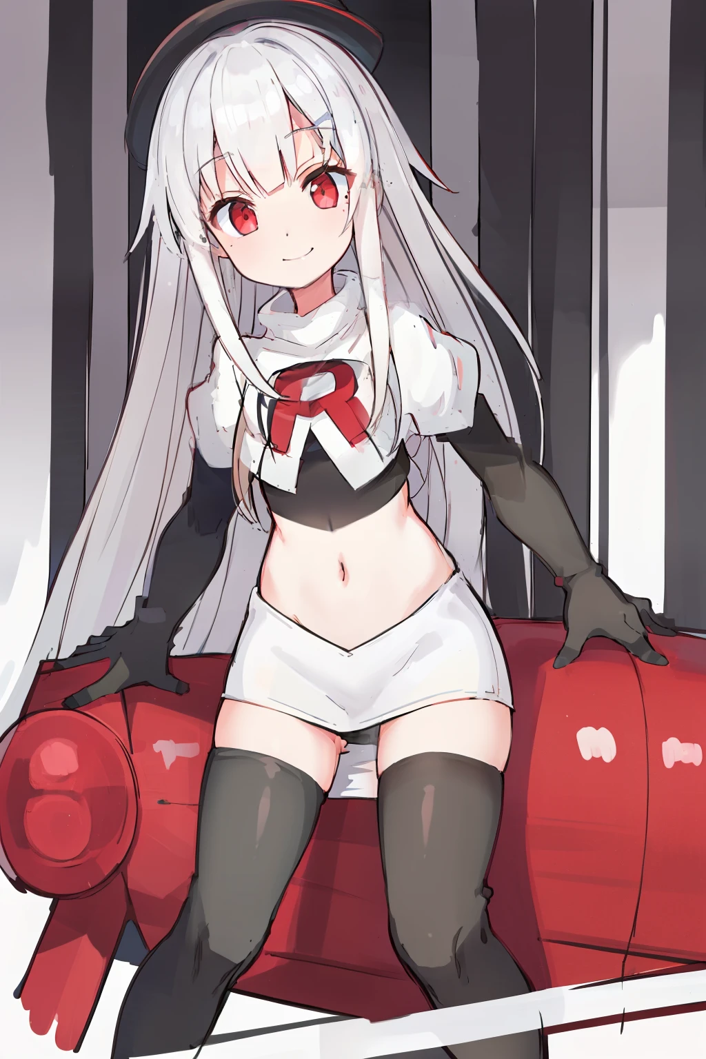 komori,masterpiece,best quality,white hair, red eyes,(black formal hat),(hairclip),(small mole under mouth),smile,highres,4k,team rocket,team rocket uniform,white skirt,red letter R,crop top,black thigh-highs,black elbow gloves