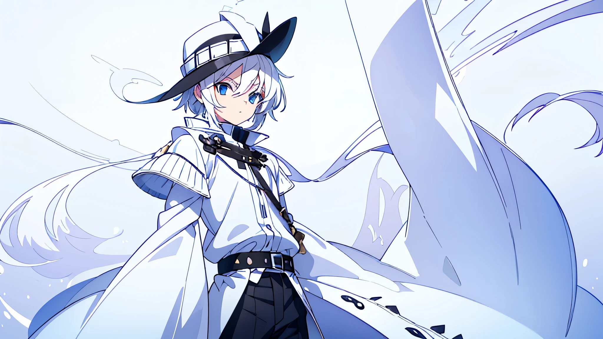 Create a character that has a hat with a small chip with white hair with all white clothes with white sleeves and his skin is white with a white hat and I also want him to have a sword behind him and it is very white anime theme