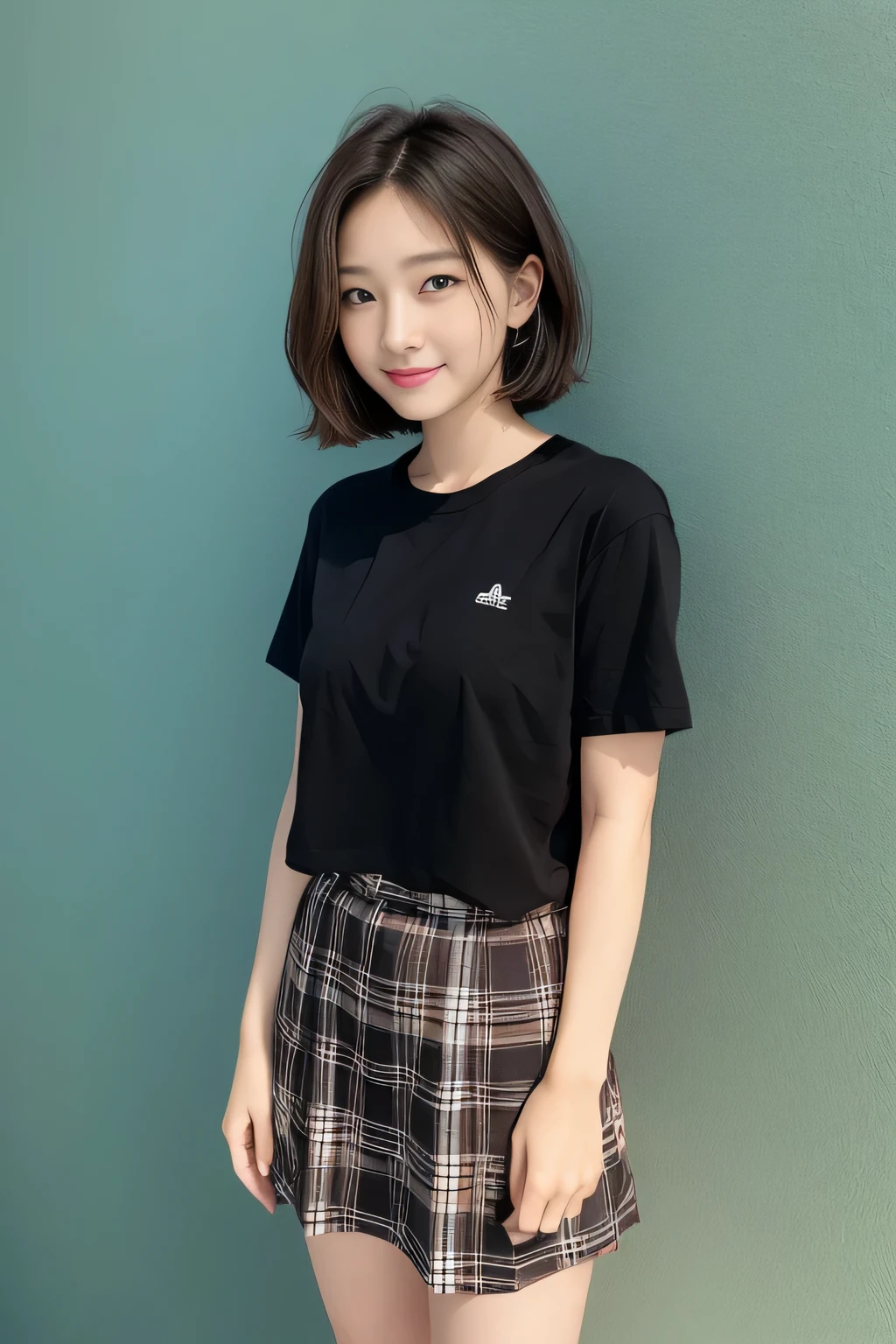 masterpiece、一人のBeautiful woman、detailed face、cute、fine eyes、fine skin、I wear a black T-shirt, highest quality、Japanese、常に真frontageを向く、background white,、I am 28 years old、I&#39;Iは黒無地の半袖Tシャツを着ています、shy smile、shortcut、brown fluffy hair、soft light, Beautiful woman、bright look、(Are standing)、frontage、small breasts、(Keep your upper body facing straight ahead.......) , Wearing a long plaid skirt , full body shot,So that the whole body is reflected, background white, bob hair.,keep your chest straight ahead、black t-shirt、I&#39;Iは黒無地の半袖Tシャツを着ています、The background is a white wall, black t-shirtを着ています、I wear a black T-shirt,