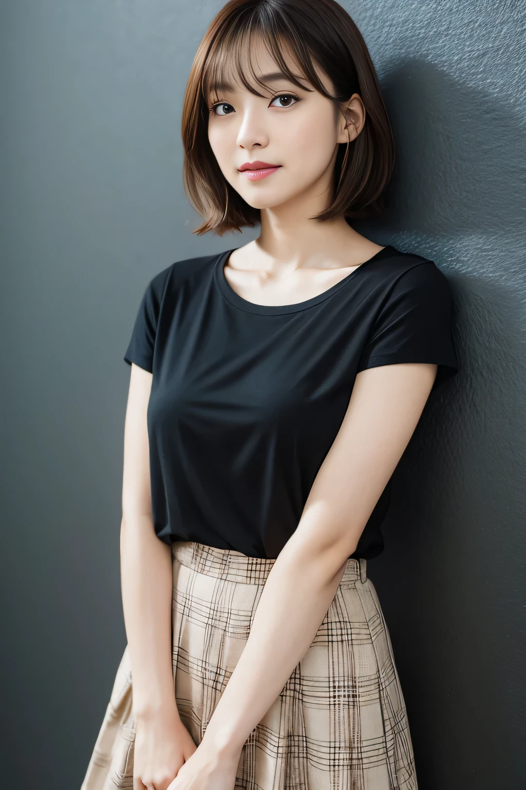 masterpiece、一人のBeautiful woman、detailed face、cute、fine eyes、fine skin、I wear a black T-shirt, highest quality、Japanese、常に真frontageを向く、background white,、I am 28 years old、I&#39;Iは黒無地の半袖Tシャツを着ています、shy smile、shortcut、brown fluffy hair、soft light, Beautiful woman、bright look、(Are standing)、frontage、small breasts、(Keep your upper body facing straight ahead.......) , Wearing a long plaid skirt , full body shot,So that the whole body is reflected, background white, bob hair.,keep your chest straight ahead、black t-shirt、I&#39;Iは黒無地の半袖Tシャツを着ています、The background is a white wall, black t-shirtを着ています、I wear a black T-shirt,