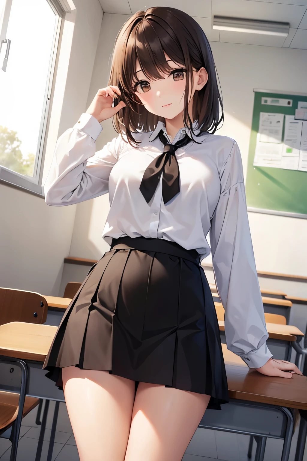 best quality, highres,Slender、brown eyes、tall、brown hair、shortcut,straight hair、School、classroom、black skirt BREAK、white lace long sleeve blouse、22 years old、gray tie