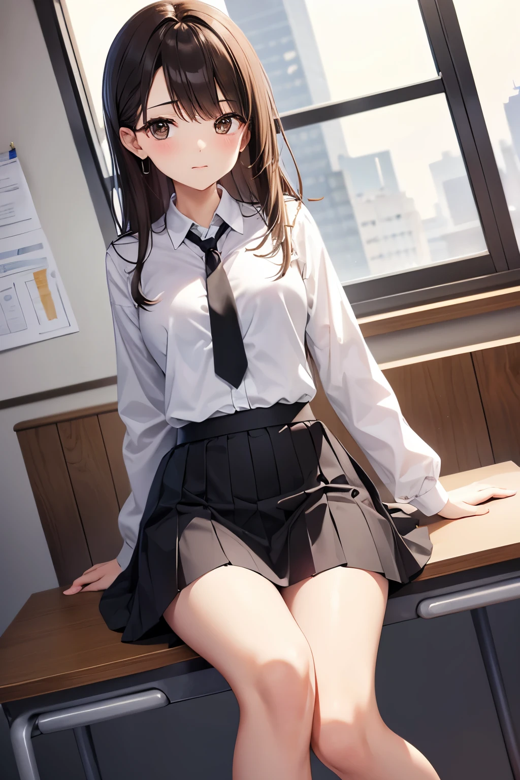best quality, highres,Slender、brown eyes、tall、brown hair、shortcut,straight hair、School、classroom、black skirt BREAK、white lace long sleeve blouse、22 years old、gray tie
