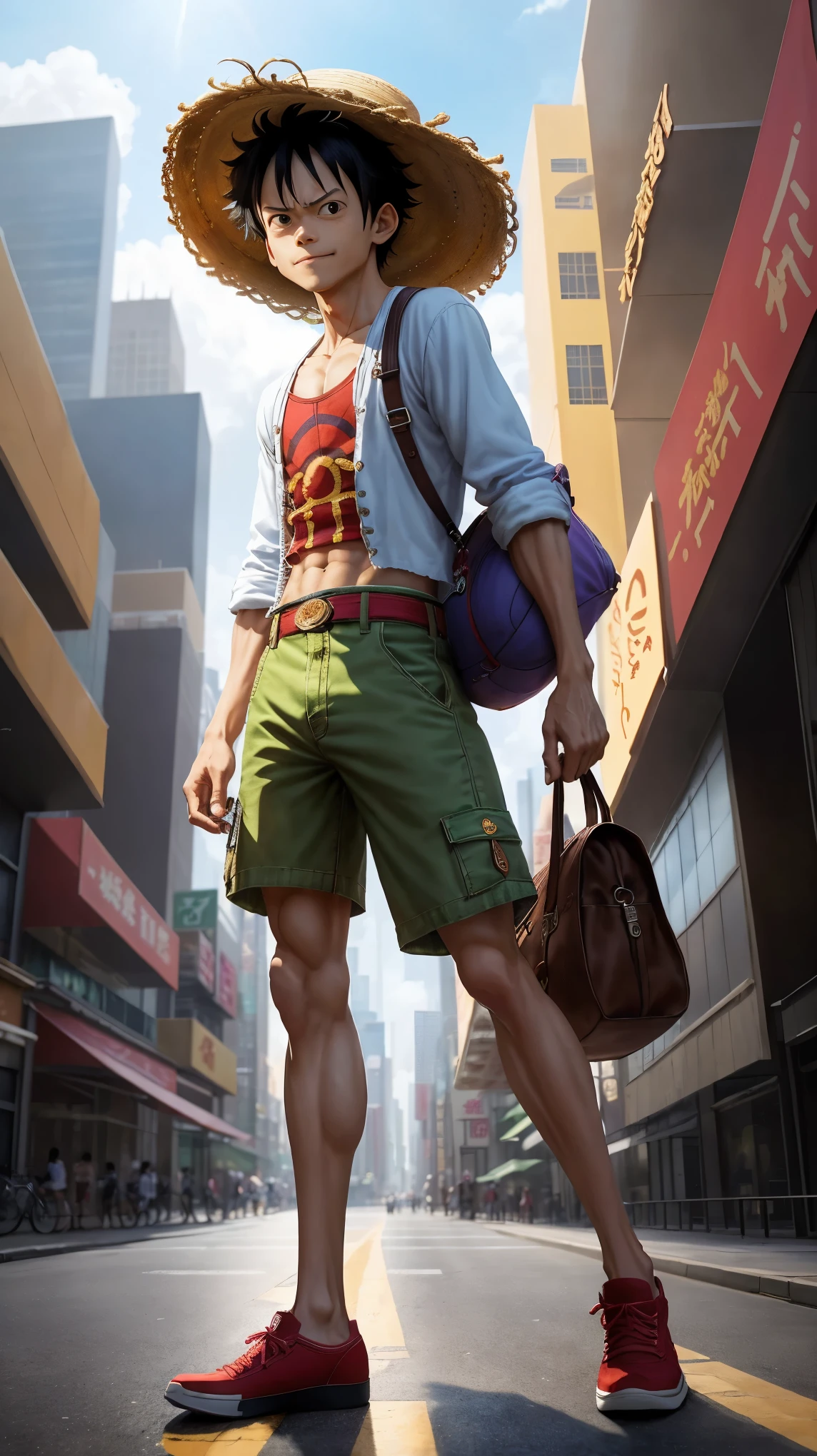 Strong Monkey D. Luffy stood firmly in the middle of the bustling city.. His eyes sparkled with determination. And his lips curled up in a mischievous smile.. with his straw hat tilted to the side, He looks ready for an adventure.. The medium chosen to depict this scene was digital illustration., This ensures vivid colors and extremely fine details.. Surrounding Luffy, The urban landscape reveals skyscrapers., busy road, and colorful advertising signs, Gives a lively atmosphere to the image. The picture quality is the best., With high resolution 4K or 8K, Make it a masterpiece. The chosen art style is a mix of anime and concept art., Capture the essence of Luffy&#39;s character.. The color scheme is lively with warm tones to emphasize the energetic feel of the scene.. The light focused on Luffy., Casting shadows that add depth to images. --automatic
