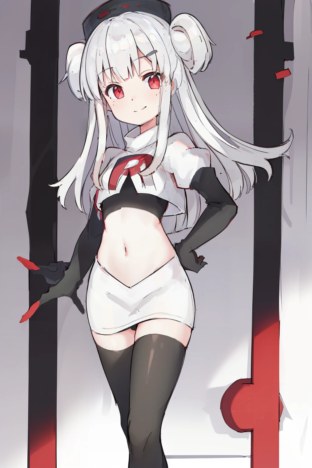 komori,masterpiece,best quality,white hair, red eyes,(black formal hat),(hairclip),(small mole under mouth),smile,highres,4k,team rocket,team rocket uniform,white skirt,red letter R,crop top,black thigh-highs,black elbow gloves
