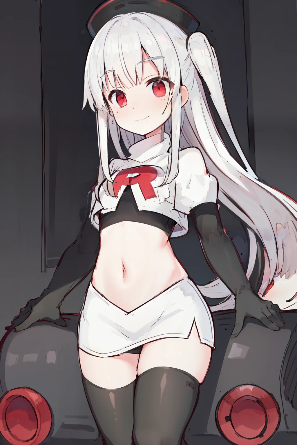 komori,masterpiece,best quality,white hair, red eyes,(black formal hat),(hairclip),(small mole under mouth),smile,highres,4k,team rocket,team rocket uniform,white skirt,red letter R,crop top,black thigh-highs,black elbow gloves