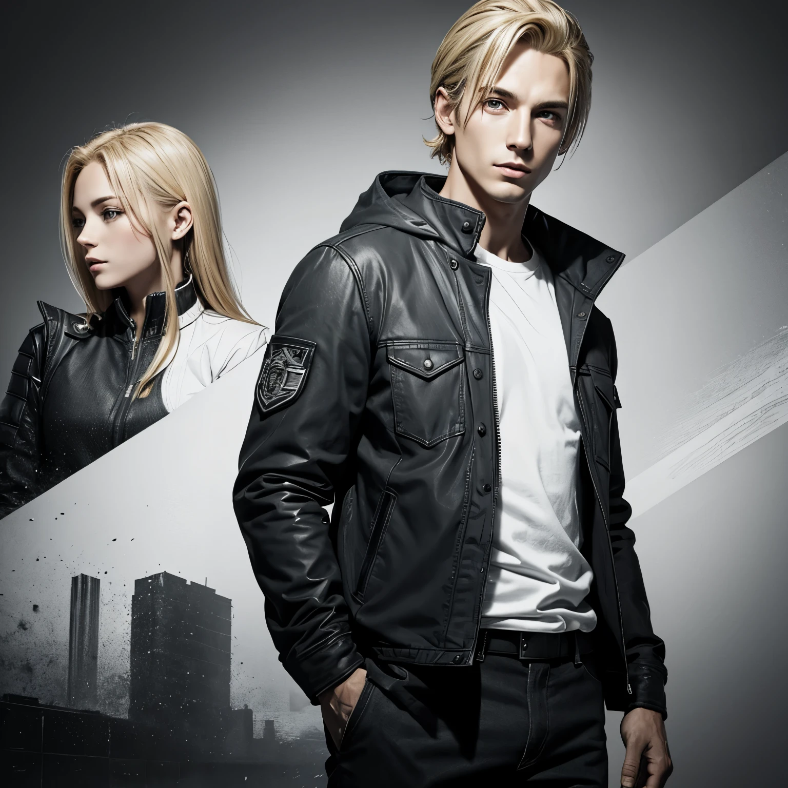 Blonde hair, and grey jacket,white t shirt