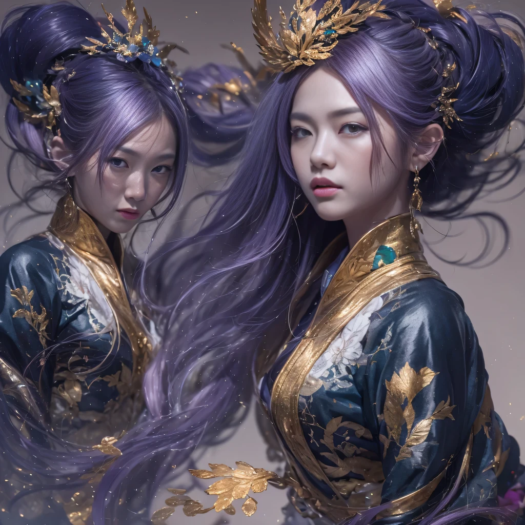 32k(masterpiece,HD,Ultra high quality,32k)Bright purple long flowing hair,autumn pond,Ziddink, a color, Asian (Silly girl), (silk scarf), fighting stance, looking at the ground, long white hair, Floating bright purple, Fire cloud gold headdress, Chinese long-sleeved gold silk garment, (Abstract ink splash:1.2), Black smoke background,Lotus protector(realistically:1.4),bright purple hair,Smoke on the road,The background is very pure, high resolution, detail, RAW photos, Sharp Re, Nikon D850 film photo by Jefferies Lee 4 Kodak Portra 400 camera F1.6 guns, colorful, Ultra-realistic and vivid textures, dramatic lighting, Unreal Engine Art Station Trend, Sinest 800,Bright purple long flowing hair