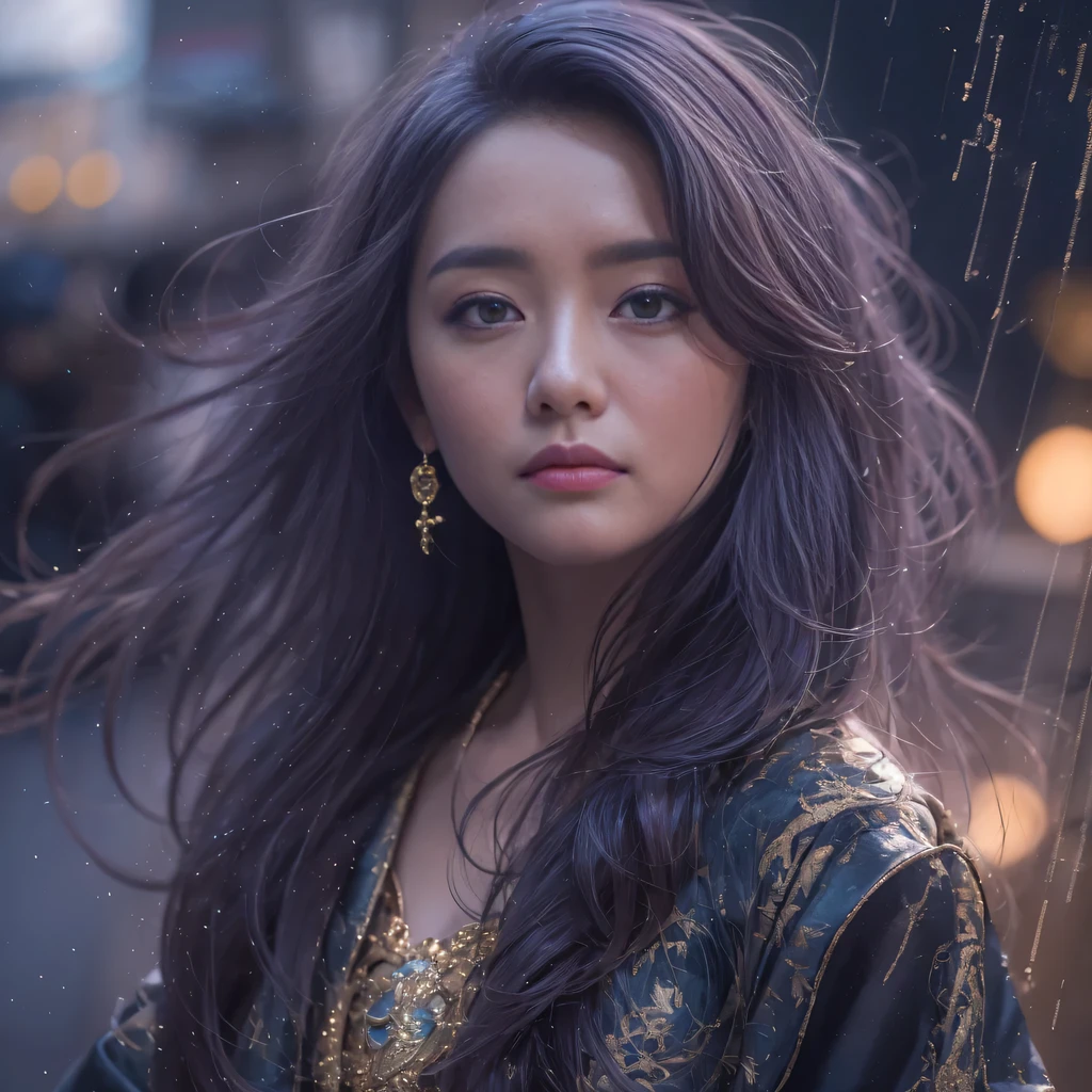 32k(masterpiece,HD,Ultra high quality,32k)Bright purple long flowing hair,autumn pond,Ziddink, a color, Asian (Silly girl), (silk scarf), fighting stance, looking at the ground, long white hair, Floating bright purple, Fire cloud gold headdress, Chinese long-sleeved gold silk garment, (Abstract ink splash:1.2), Black smoke background,Lotus protector(realistically:1.4),bright purple hair,Smoke on the road,The background is very pure, high resolution, detail, RAW photos, Sharp Re, Nikon D850 film photo by Jefferies Lee 4 Kodak Portra 400 camera F1.6 guns, colorful, Ultra-realistic and vivid textures, dramatic lighting, Unreal Engine Art Station Trend, Sinest 800,Bright purple long flowing hair