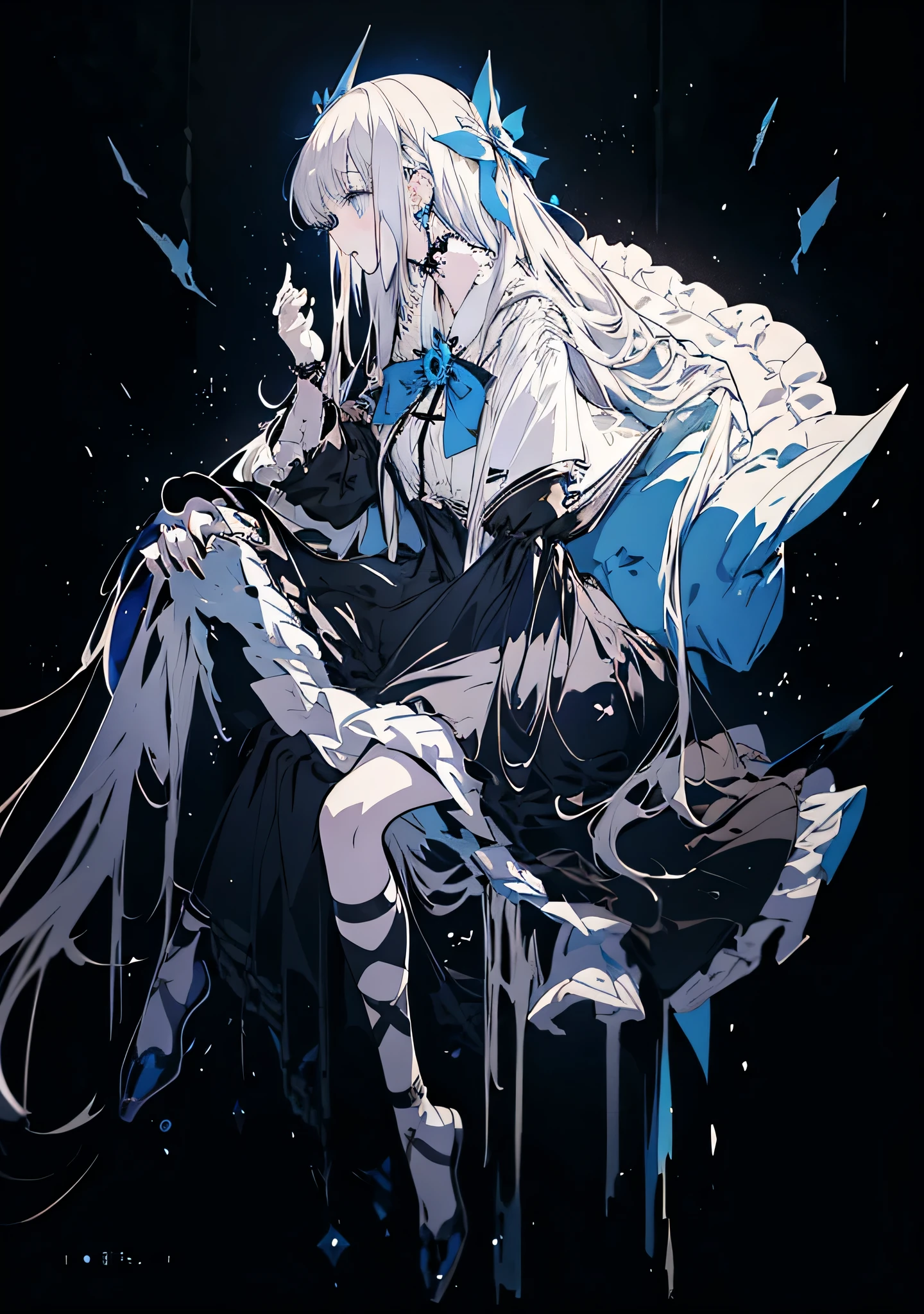 Anime girl with long white hair and a blue dress sitting on a chair, gothic otome anime girl, !!full body portrait!!, anime girl in a black dress, Anime full body illustration,  wearing a dress, From Dolls Frontline, gray hair, perfect gray hair girl, gray hair deity, Anime Vtuber full body model, gray hairの,spring background