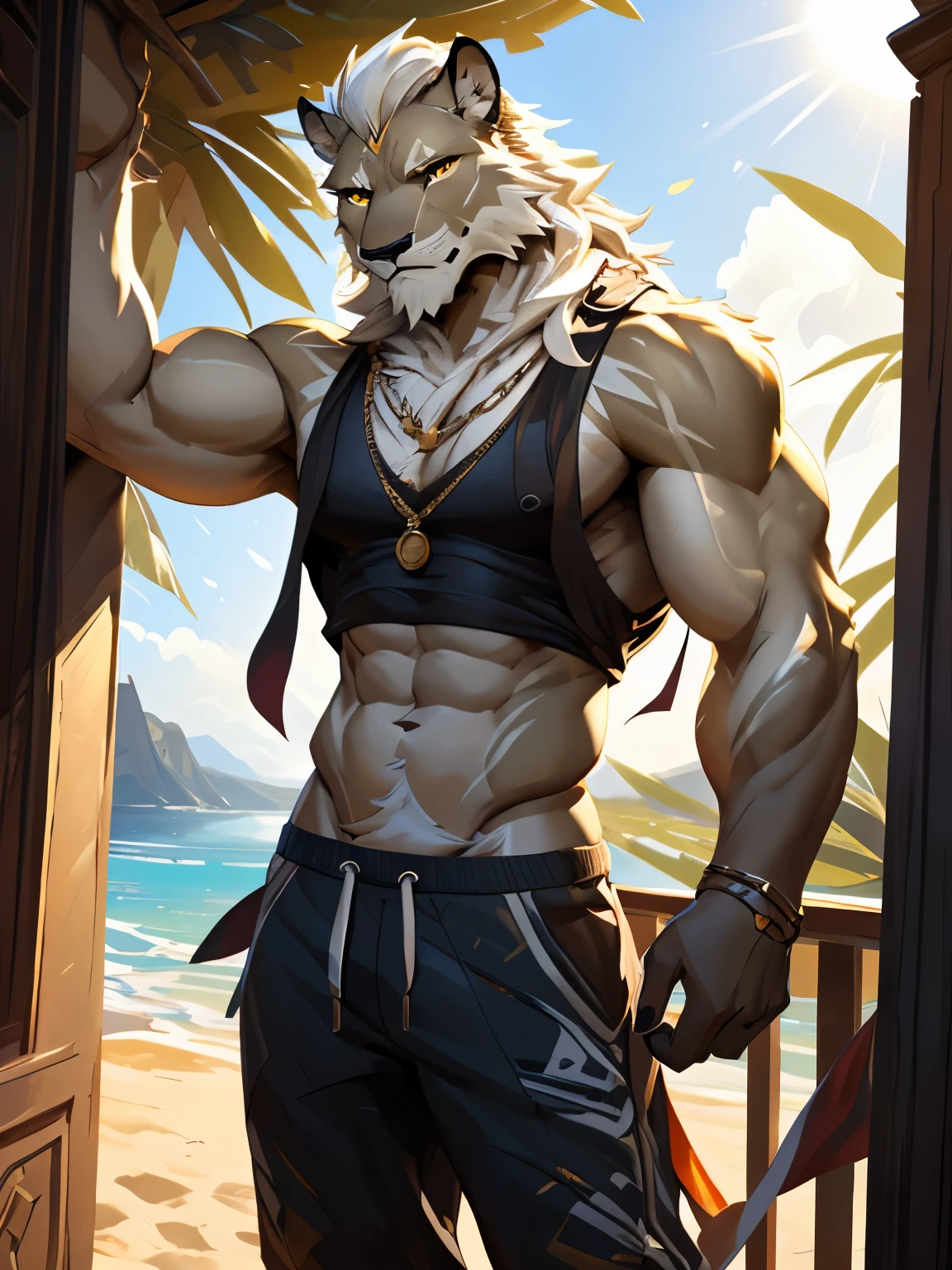 4k, ,8K, A high resolution, best quality, perfect colors, perfect shadows, perfect lighting, posted on e621, (by Chunie, by canyne khai, by t.y.starale), male, furry, Lion anthro, javid (Dislyte), solo, yellow eyes, (Realistic eye details 1.2), beach, wearing tank top, wearing jogger sweatpants, Full body like, Slim body, abs, dramatic lighting, soft lighting, day, highly detail, Hair coiled, delight, Standing up position, cool pose charm, Abstract beauty, centre, Looking at the camera, Facing the camera, nearing perfection, Dynamic, highly detailed, illustration, (Realistic background), ((Bonifasko lighting)), (Detailed eyes), perfect pupils, detail eyes, detail fluffy fur, (seductive face:1.2), fit body, Looking at the camera,, fit body, perfect male figure, Detailed fur, Detailed face, Perfect face, Detailed background, (Complex), (Super Detail), (Ultra Clear), (Best Quality)