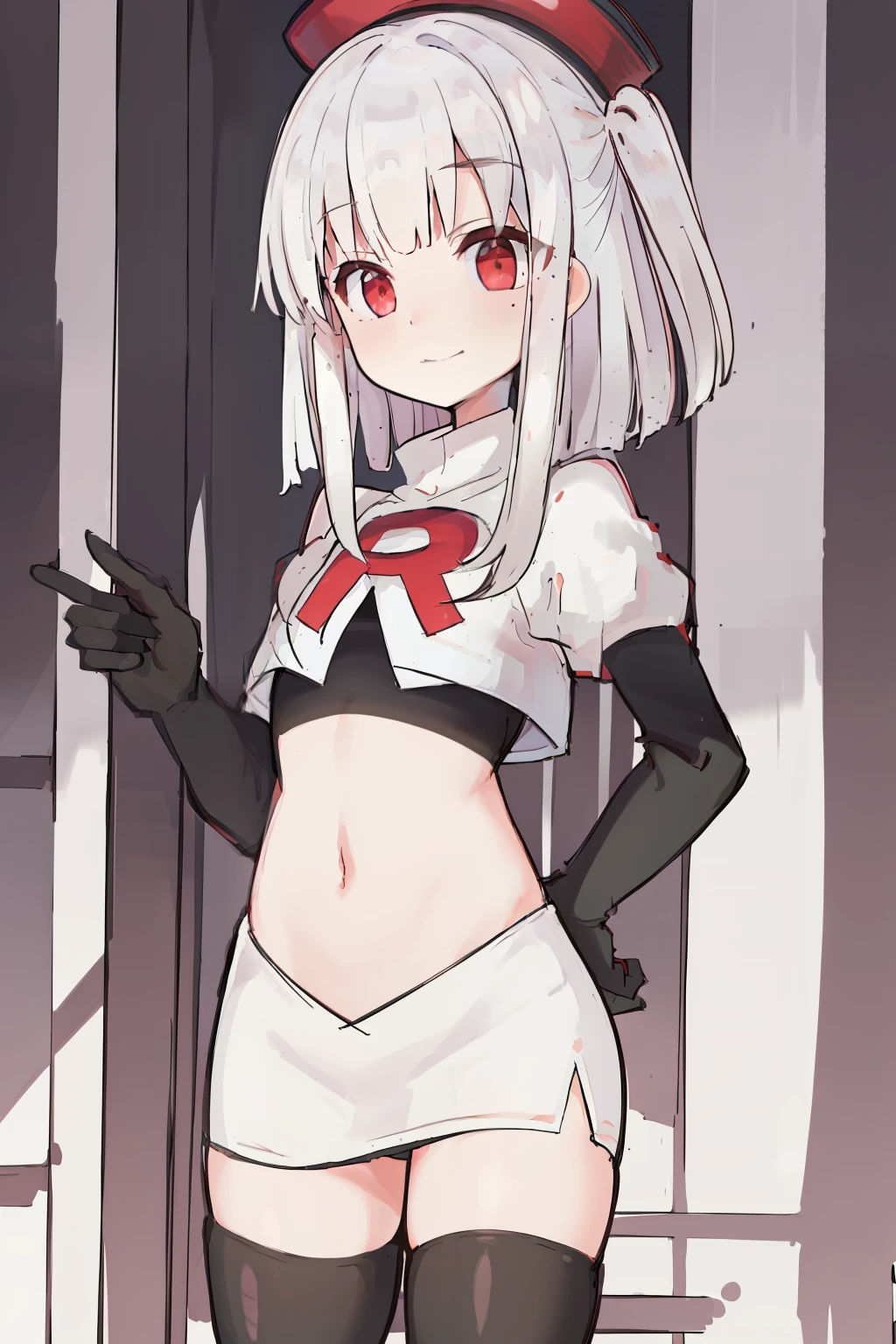 komori,masterpiece,best quality,white hair, red eyes,(black formal hat),(hairclip),(small mole under mouth),smile,highres,4k,team rocket,team rocket uniform,white skirt,red letter R,crop top,black thigh-highs,black elbow gloves