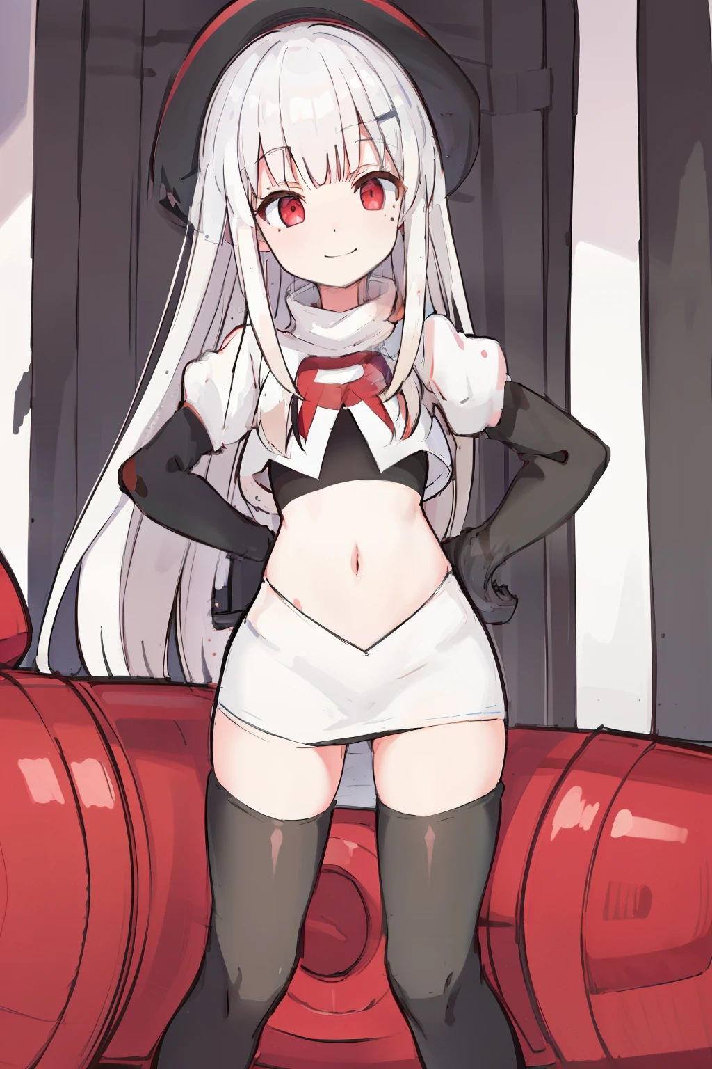 komori,masterpiece,best quality,white hair, red eyes,(black formal hat),(hairclip),(small mole under mouth),smile,highres,4k,team rocket,team rocket uniform,white skirt,red letter R,crop top,black thigh-highs,black elbow gloves