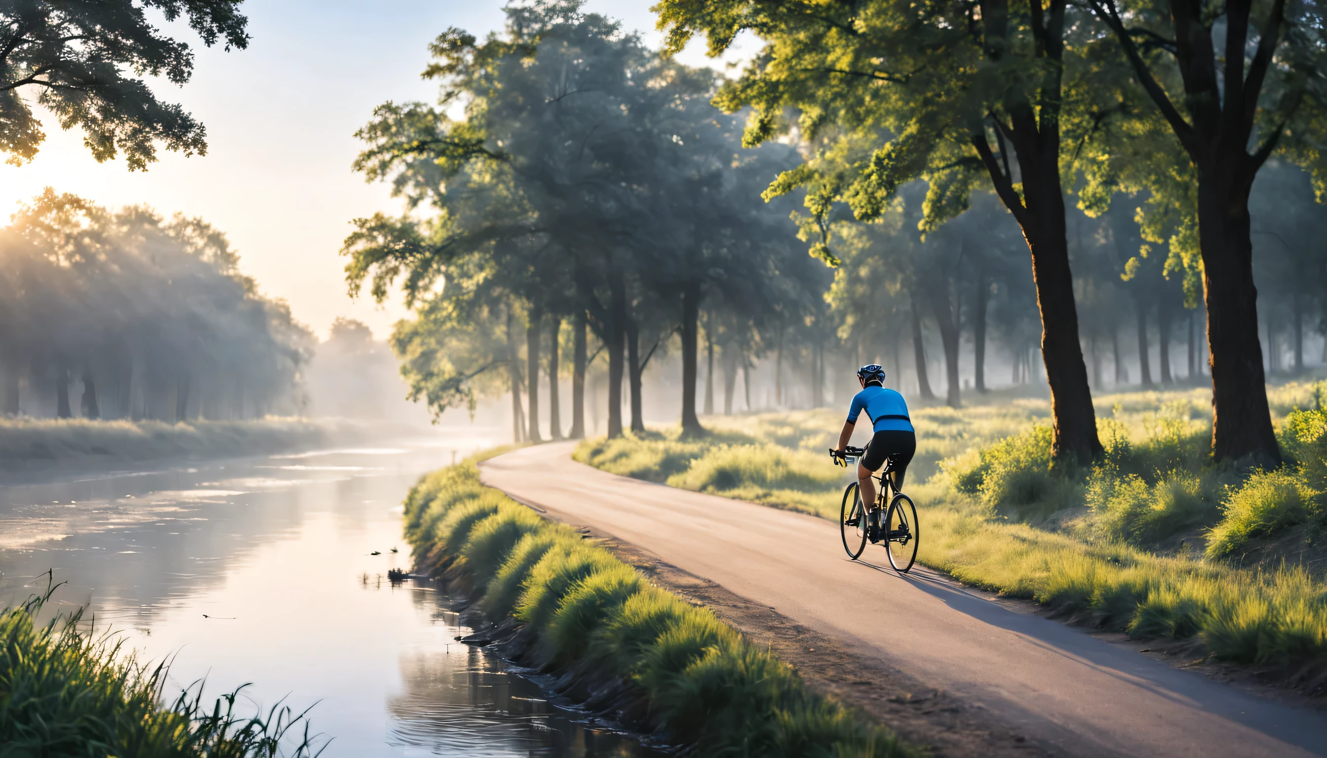 a man in cycling clothes, is cycling in the morning, on the edge of the river, with trees, morning atmosphere