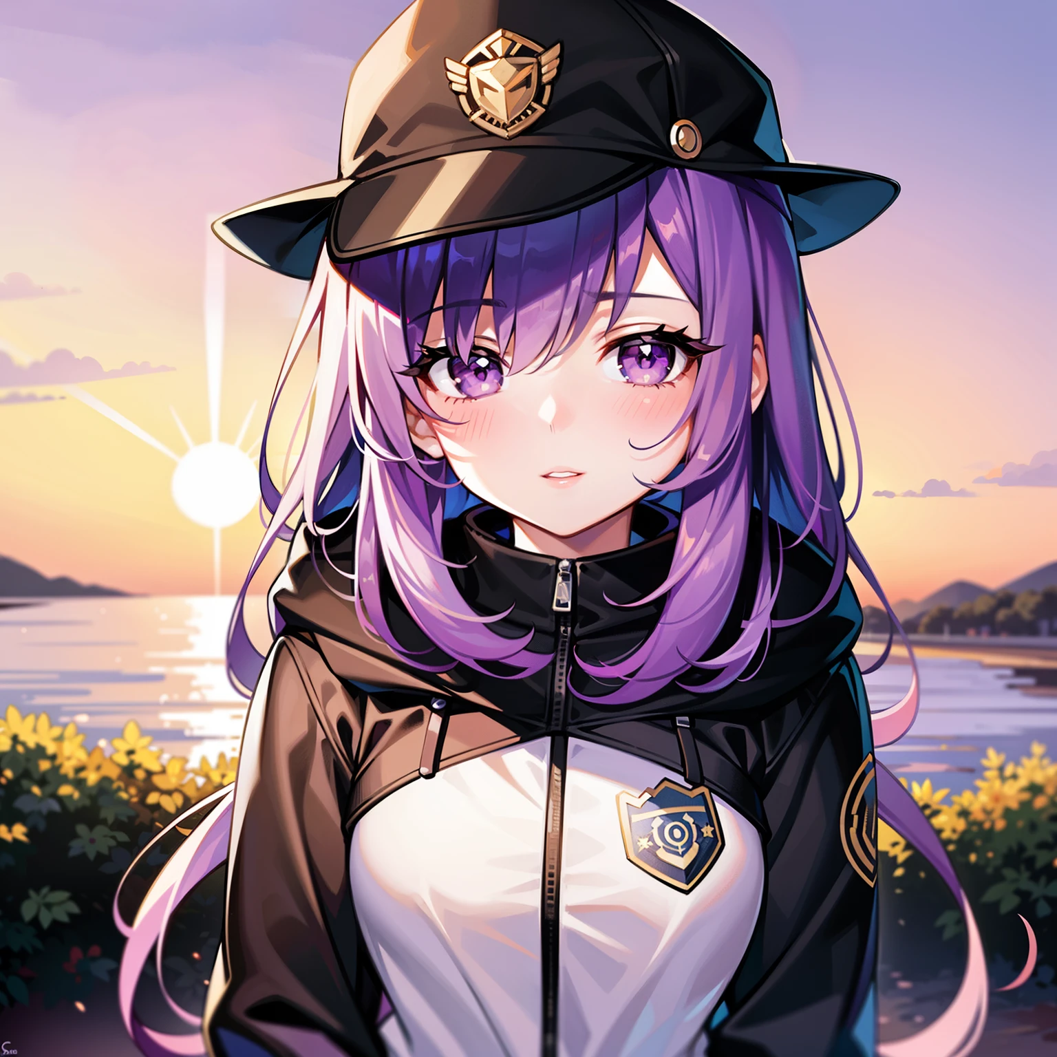 ((1girl, solo)), purple hair, long hair, purple eyes, grey, +_+, long sleeves, smile, (((parted lips))), hood down, (badge on hat), symbol-shaped pupils, looking at viewer, details eyes, absurdres, half body, ((sunset)), top view, (day time, sunny)