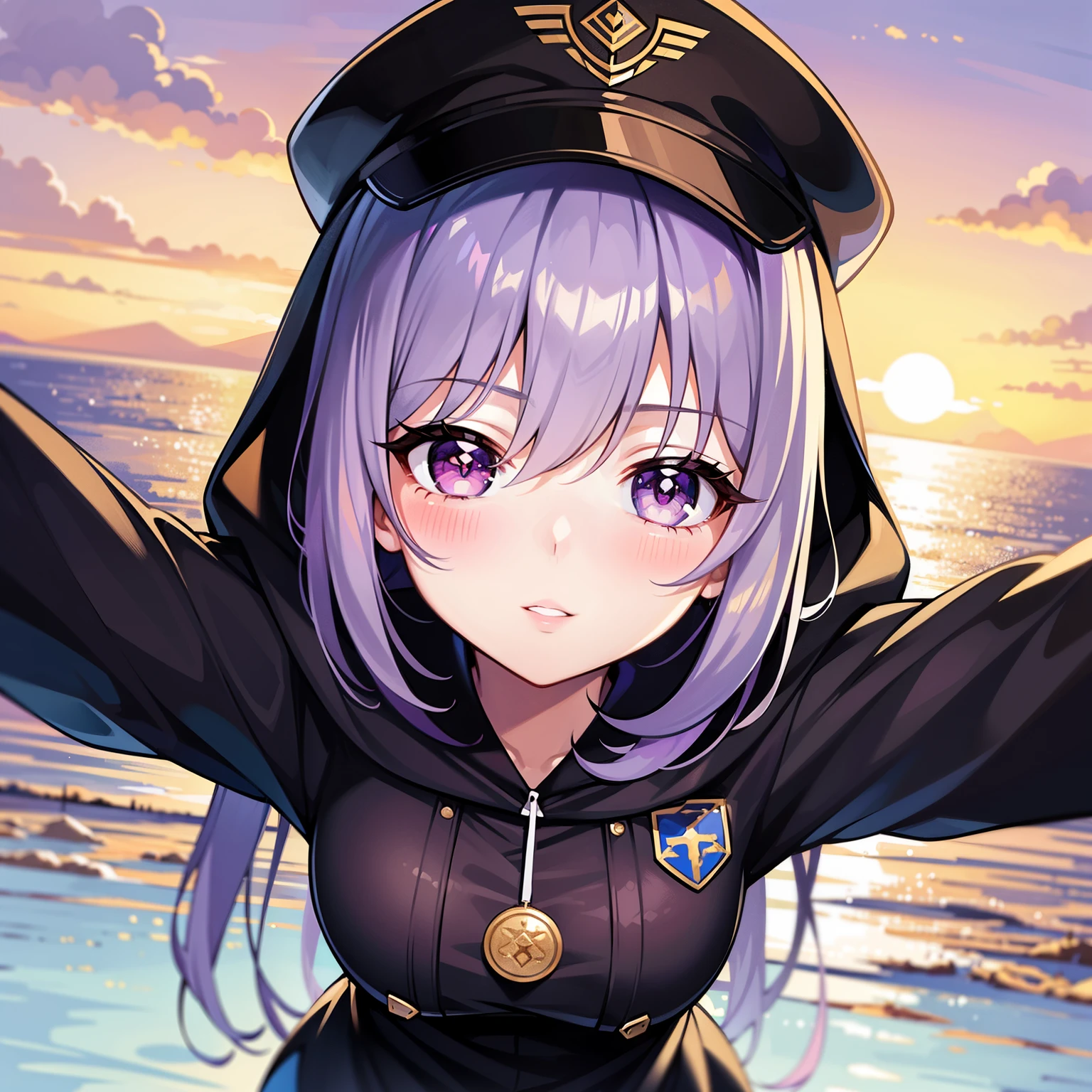 ((1girl, solo)), purple hair, long hair, purple eyes, grey, +_+, long sleeves, smile, (((parted lips))), hood down, (badge on hat), symbol-shaped pupils, looking at viewer, details eyes, absurdres, half body, ((sunset)), top view, (day time, sunny)