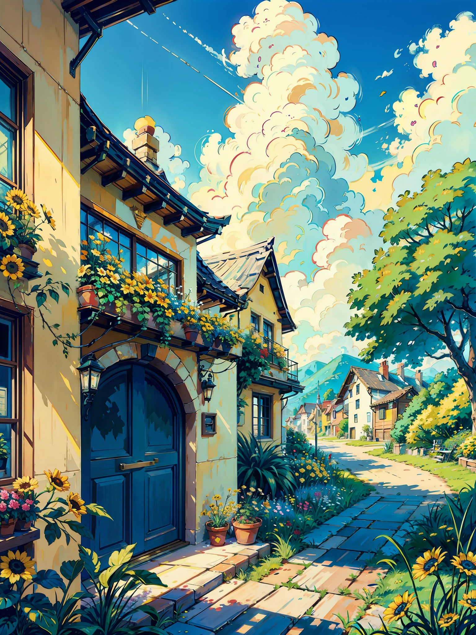 Swiss town, Seaside, scenery, casa, En plein air, sky, janelas, a plant, sky, Grass, Clouds, Plants in pots, green trees, doors, flower pots, Blue sky, architecture, chimneys, Yellow flowers, rosette, Miyazaki style