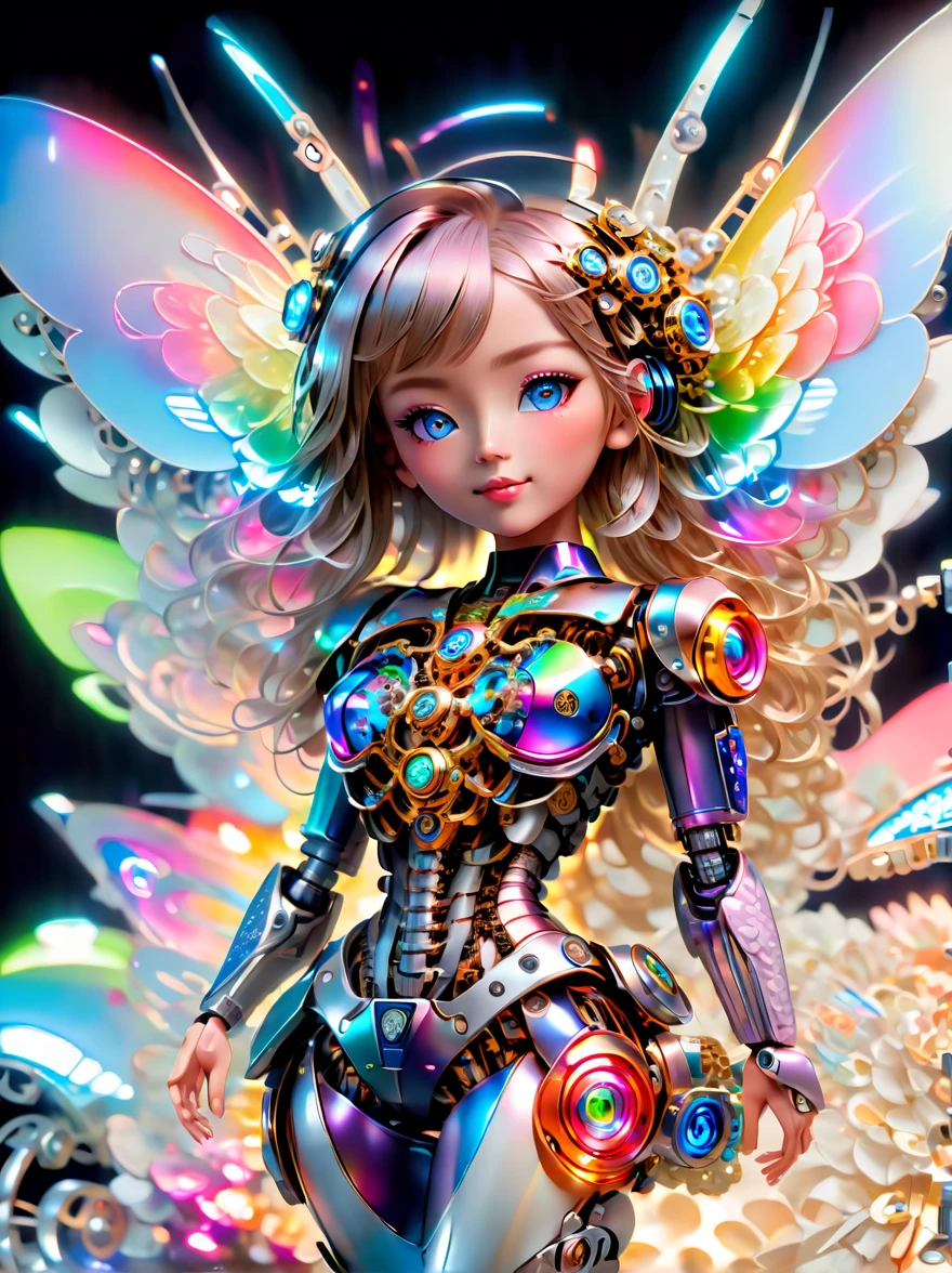 (three-dimensional，Mechanical feel，cute，Mechanical doll: 1.3), ((solo:1.5)), Colorful neon lights, High-tech mechanical parts, Metal body, Detailed Vibranium Doll Design, bright colors, Dynamic glow, Reflective metal surface, bright environment, dynamic poses, Exquisite presence, skill improved, interlocking mechanical gears, Stylish design, motion blur effect, Detailed metal processing, Sci-fi atmosphere, Streamlined aerodynamic shape, Laser scanning pattern, Holographic projection, LED light track, beautiful and unforgettable, Advanced sensors, complex algorithm, Ominous and mysterious atmosphere, electric spark, Shiny chrome plating, Propulsion systems of the future, BJ_Gundam, (best quality, 8k, high resolution, masterpiece: 1.2), Super detailed, (whole body:1.8)