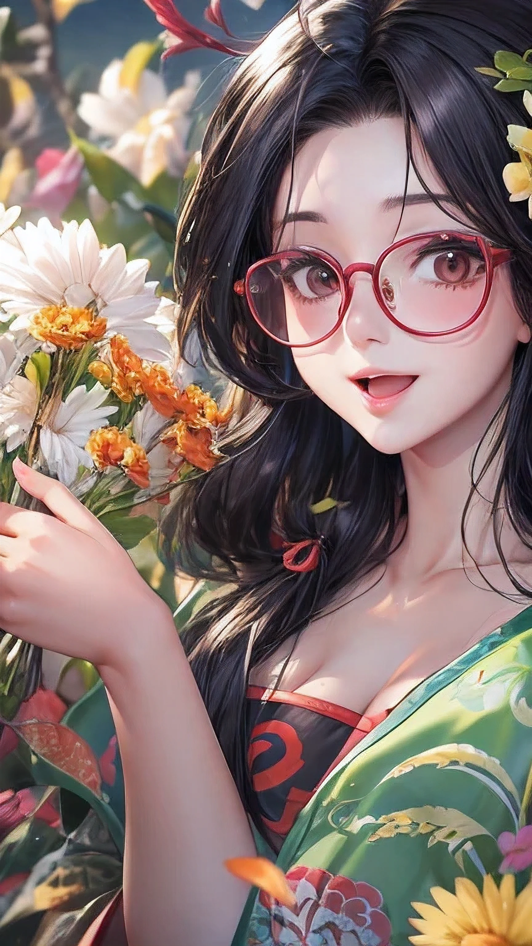 actual, 1 Chinese Fan Bingbing girl,Glasses， black hair, big eyes, Smile，open mouth，big breasts，glowing eyes, crop top, skirt, open lips,charming， night, flowers, sun, sunlight,