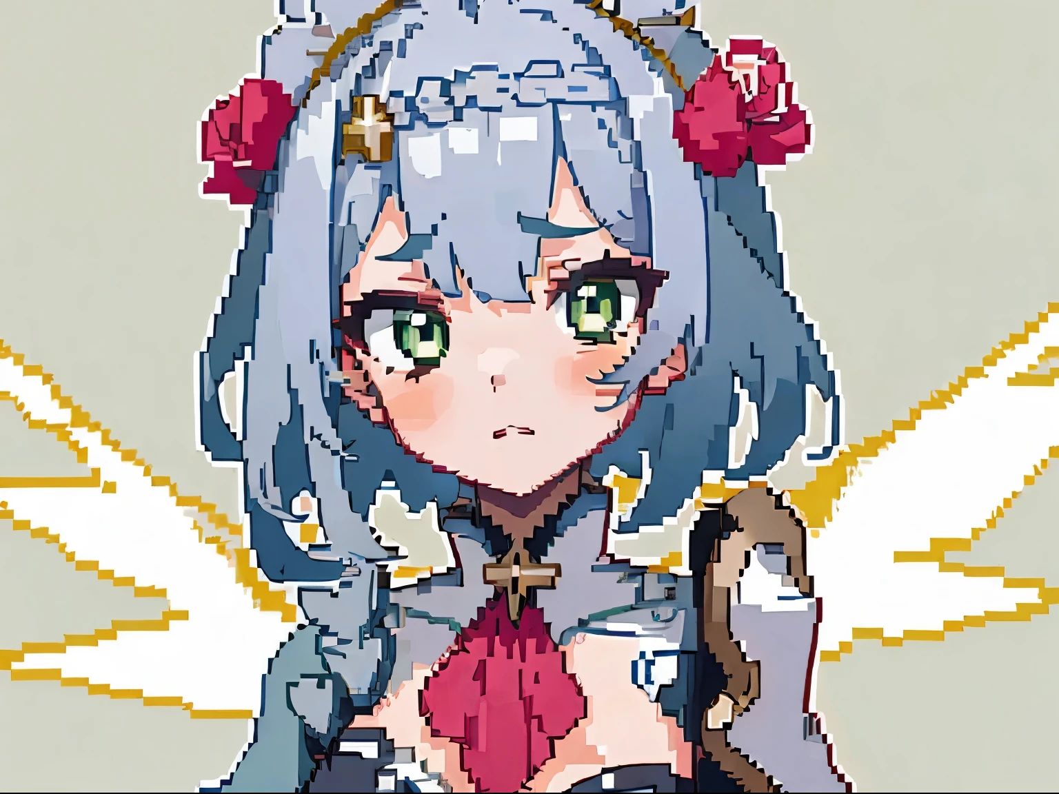 masterpiece, high quality, hcnone, pixel art, 1girl, noelle genshin impact, silver hair, green eyes, simple gold color background
