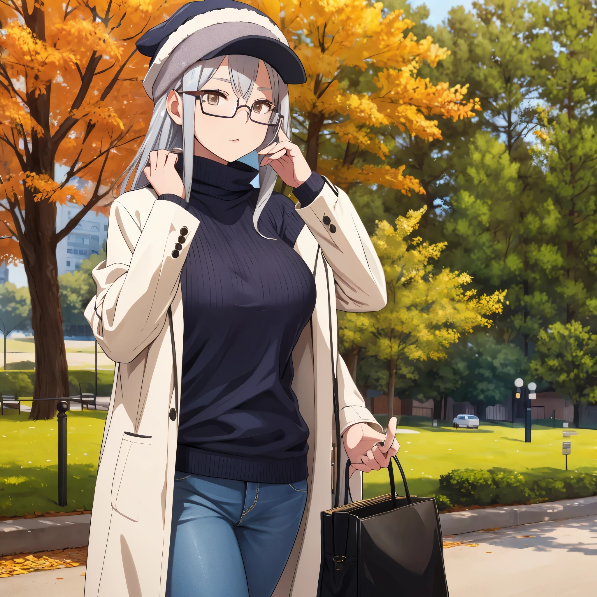 a woman in casual clothes, wearing a winter cap, silver hair brown eyes, wearing glasses in a park in autumn weather
