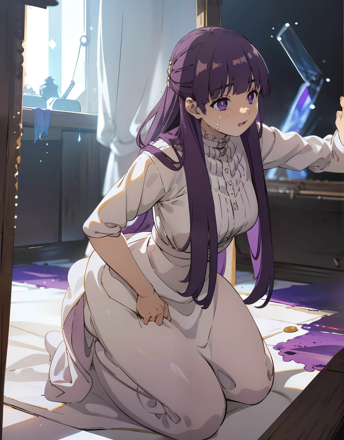 (best quality, masterpiece),Sexy, erotic, 1 girl, 18 years old, despise, pride, long purple hair, ((purple eyes)), looking at the audience, Medieval bedroom, (((darkroom))), Sweat, white dress, looking at the audience, warm light, excited, (happy), raised eyebrows, kneeling