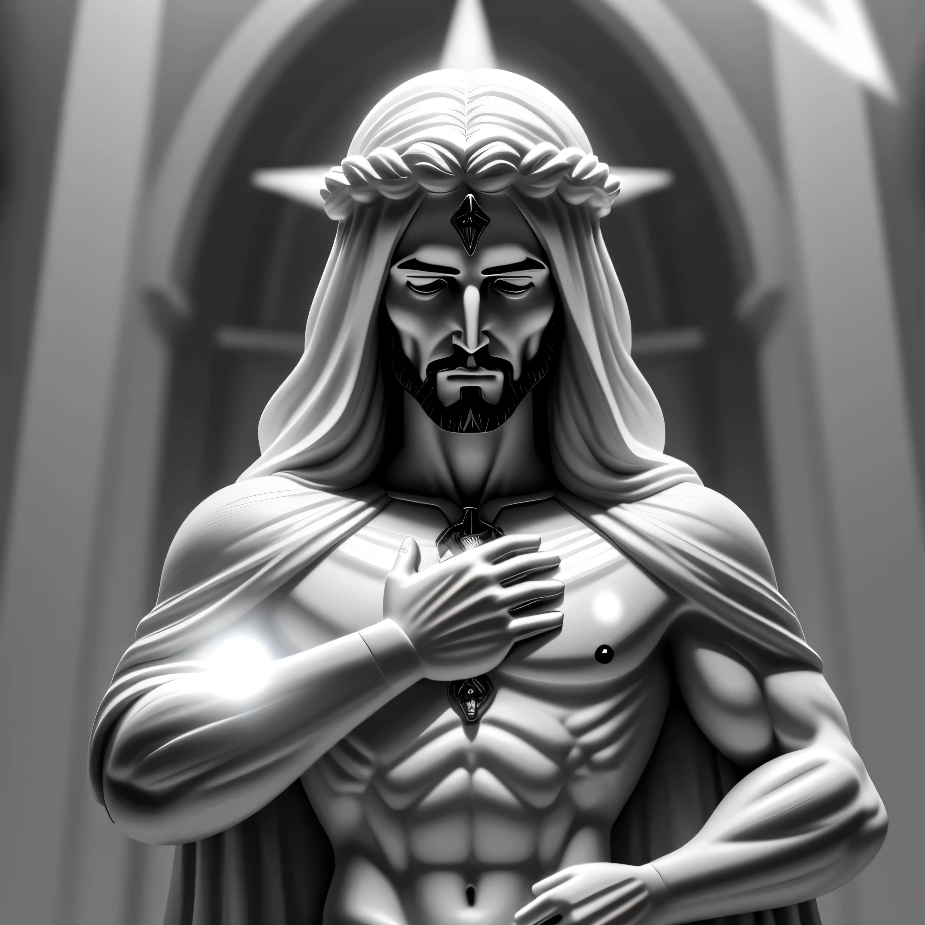 a statue of Jesus Christ, coroa de espinhos, olhos fechados, sangue escorrendo pelo seu rosto, characteristics of suffering, (com feixes de luz ao fundo:1.4), sacred heart in the chest, Clint Cearley, a marble sculpture, afinar, (cinematic:1.4), slate gray atmosphere, hiperdetalhado, tons suaves, Detalhes insanos, baixo contraste,