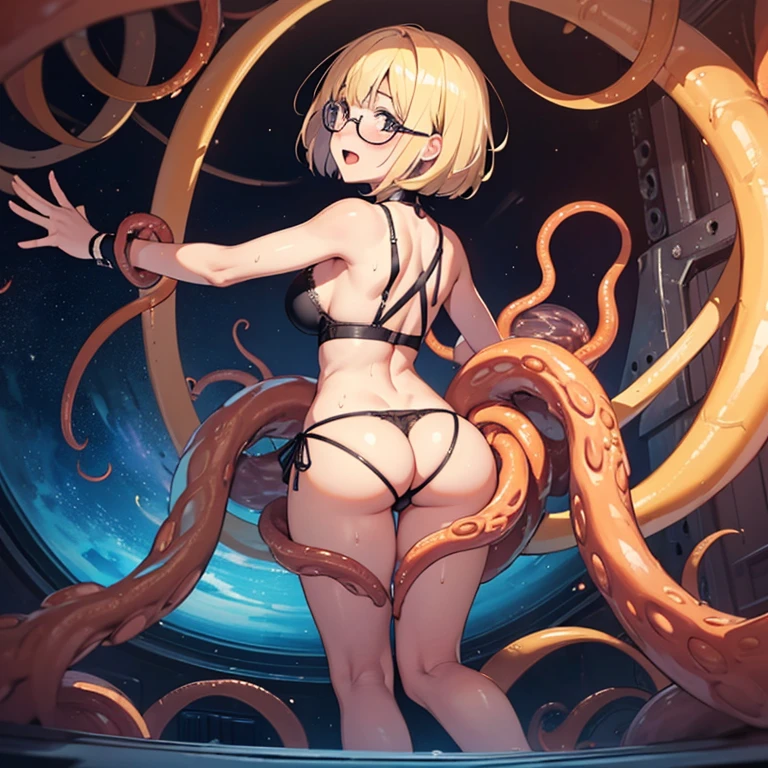 (masterpiece), best quality, expressive eyes, perfect face, highly detailed, ((tentacle penetration)), ((solo, mature woman, full body, look smart, blond hair, short bob hair, glasses, black bra, black side-tie panties, large breast, large butt, look happy, shy, sweat, blush, open mouth, look back, from behind)), low view, ((tentacles, monstrous tentacles, tentacles breast grab, tentacles swarming, tentacles surrounding, tentacle restraint, in the spaceship)),