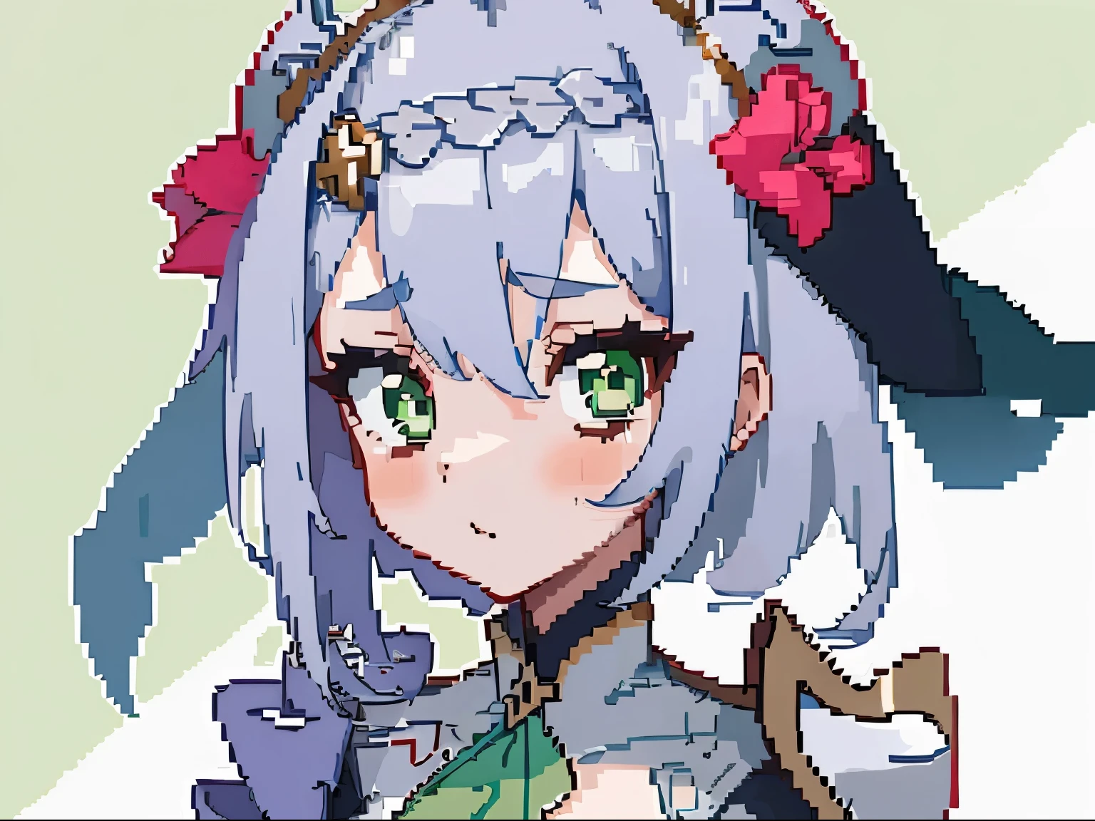 masterpiece, high quality, hcnone, pixel art, 1girl, noelle genshin impact, silver hair, green eyes, simple gold color background