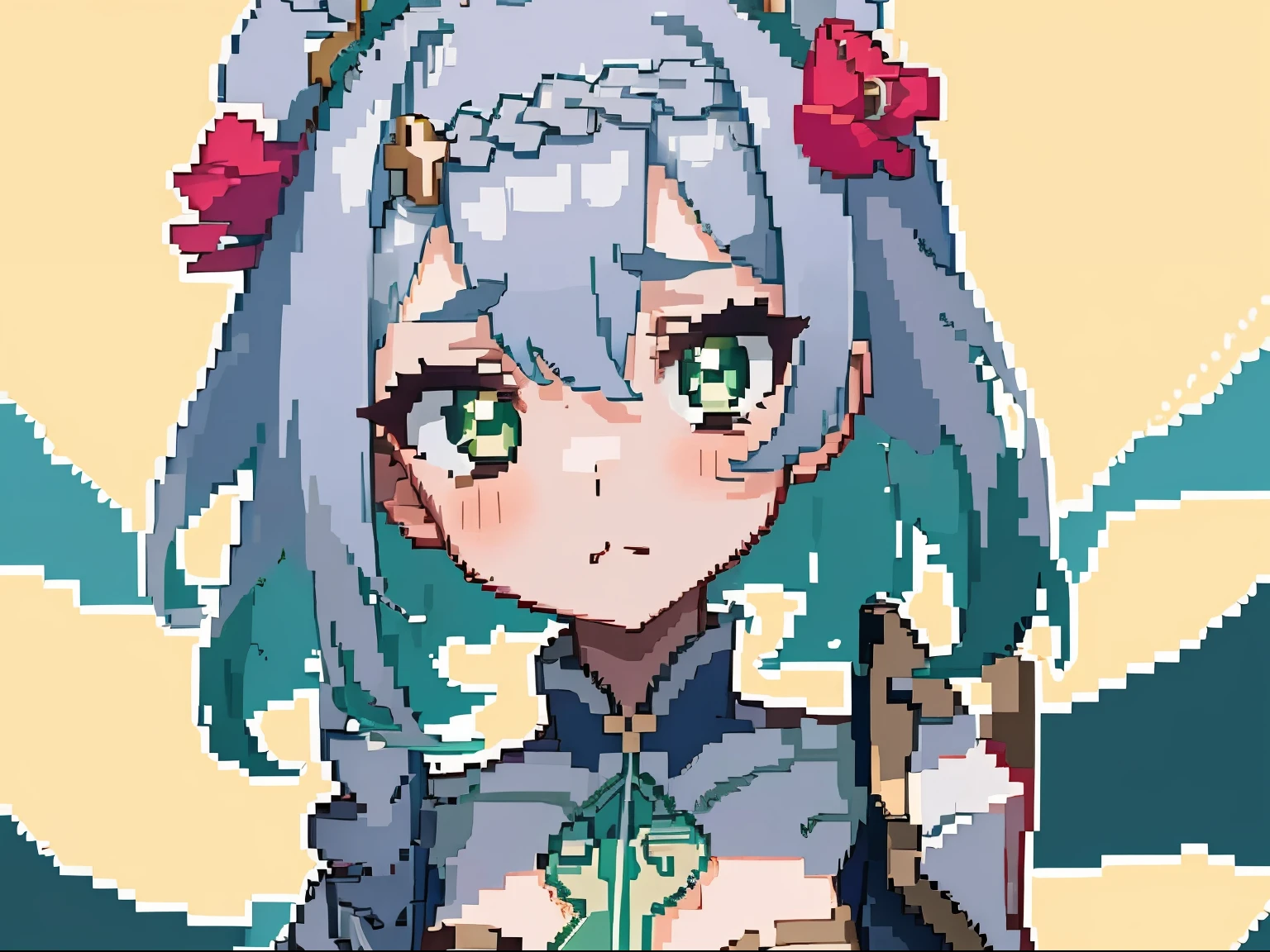 masterpiece, high quality, hcnone, pixel art, 1girl, noelle genshin impact, silver hair, green eyes, simple gold color background